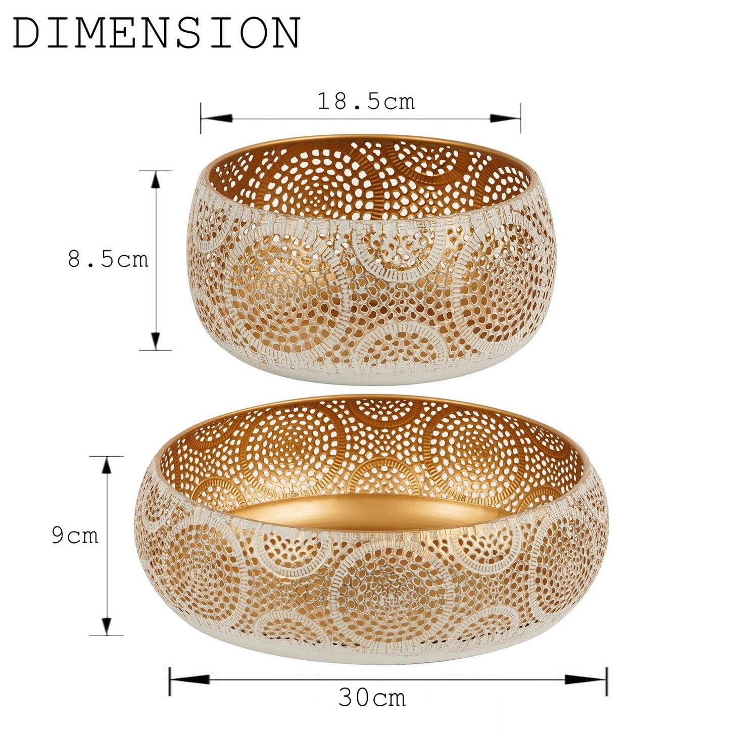JAZUIHA Golden Decorative Bowl Set - 2 pieces with 18 cm & 30 cm diameter | Modern fruit bowls for fruit, snacks, candles or decor items