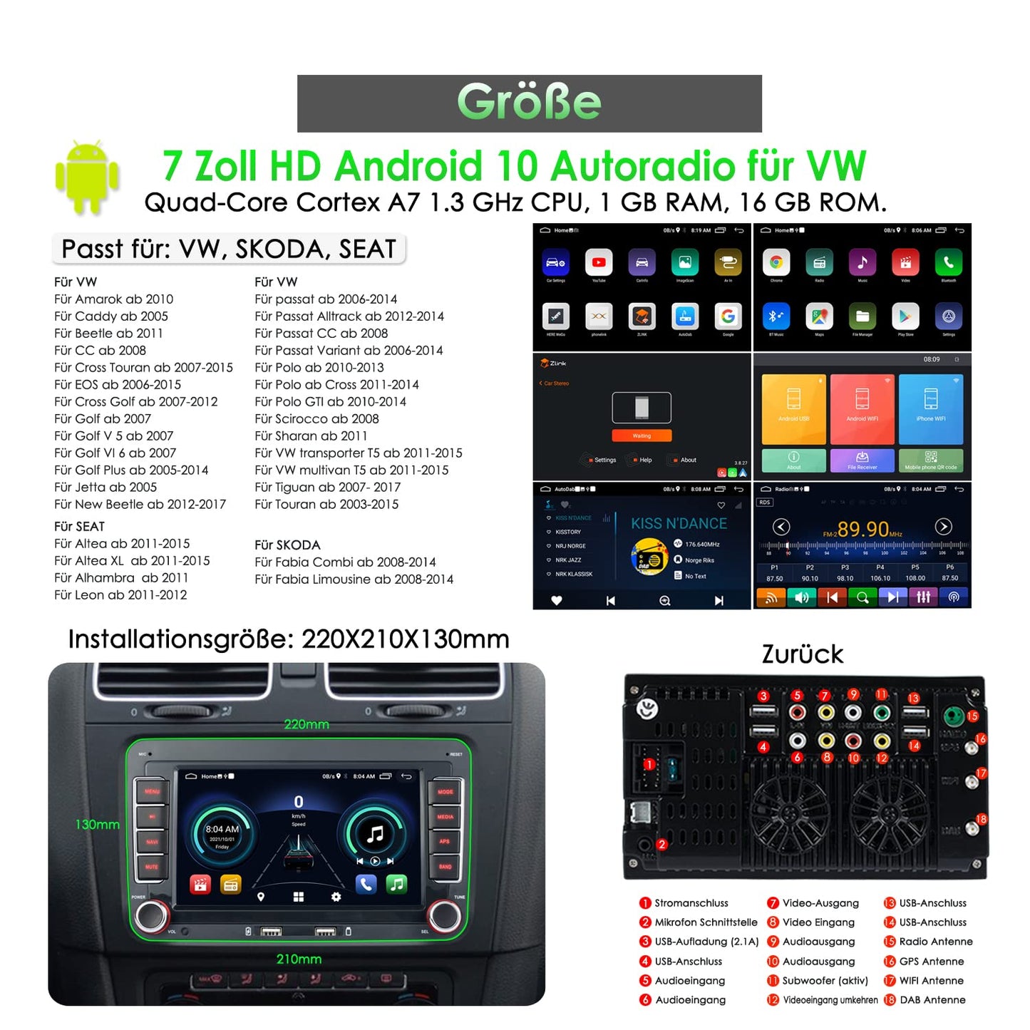 iFreGo 7 inch Android car stereo with built-in DAB+ and Carplay, 2 Din Car Radio for VW Golf, Skoda, Seat. Features Bluetooth, FM Radio, USB, reverse camera, WiFi, steering wheel control, and 7-color lighting.