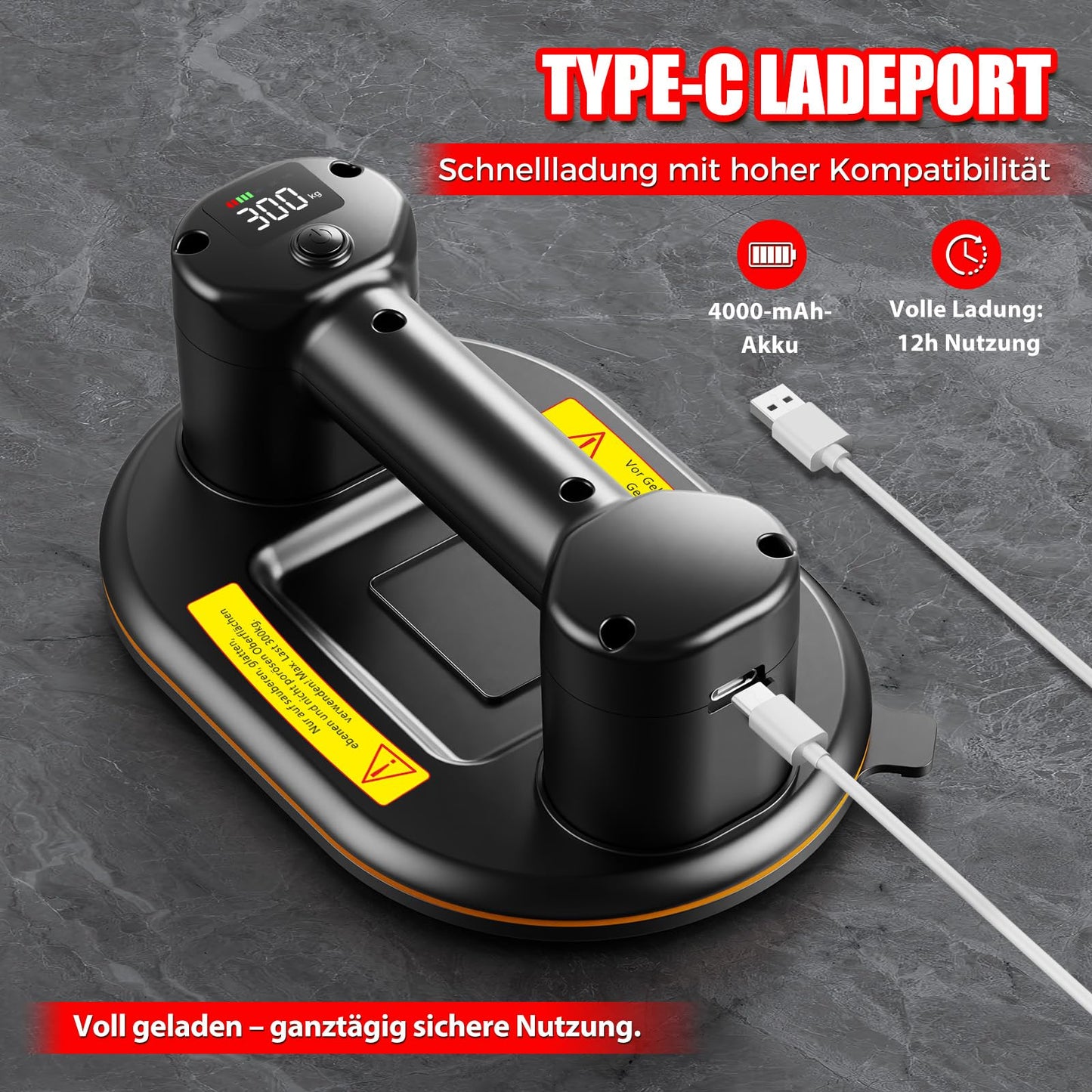 JUYLTOOL 24cm battery suction lifter with 300KG suction power, 2 motors, battery vacuum suction lifter tile lifter glass suction cup with auto re-suction function & LCD display for suction power & battery life, 4000 mAh battery