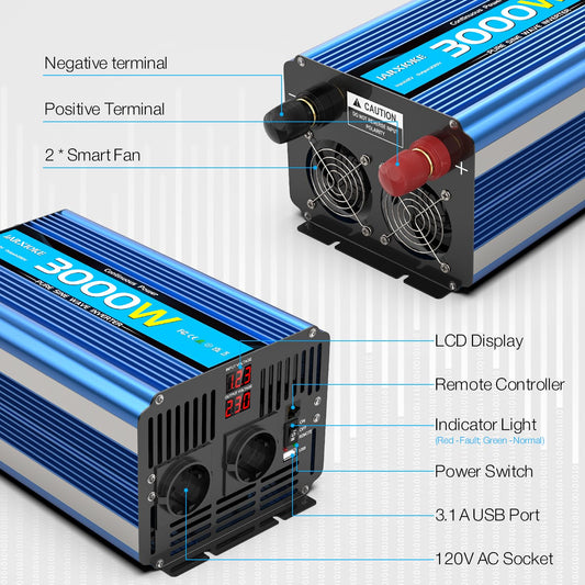 12V to 230V inverter 3000W/6000W Pure Sine Wave Power Converter with remote control, LED display, EU AC outlets, USB port. Perfect for car, camper, boat, camping, power outage.