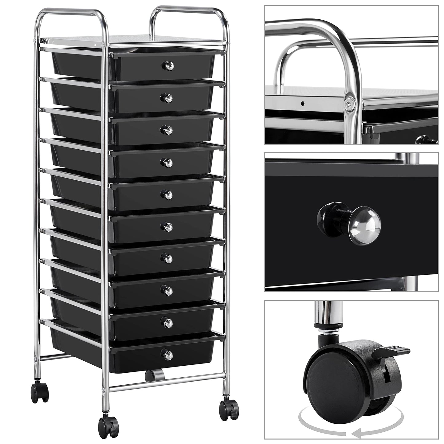 Yaheetech bathroom cart with 10 stackable drawers and metal frame. Bathroom trolley with shelves, 32×36.5×90.5 cm black.
