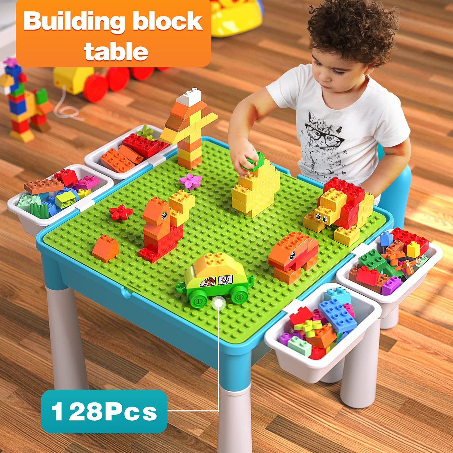 Burgkidz 5-in-1 Children's Activity Table Set - 128 Pieces Compatible with Building Blocks Toys, Play Table Includes 1 Chair and Building Block Table with Storage, Green Base Plate/Blue Color