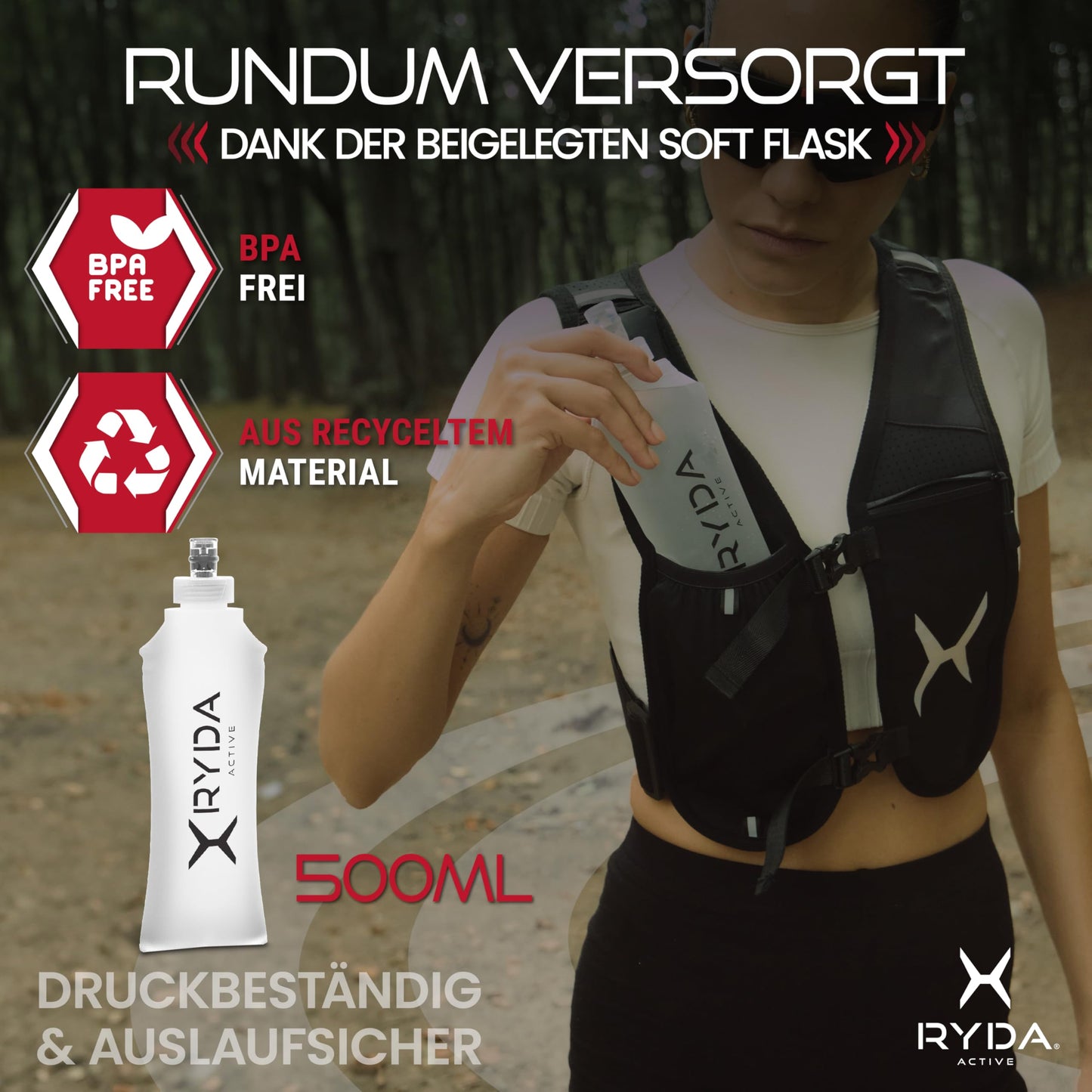 RYDA ACTIVE® running vest for women & men | Ultralight, reflective & universally adjustable | with water bottle & safety label | perfect for jogging, running, trail, marathon & hiking