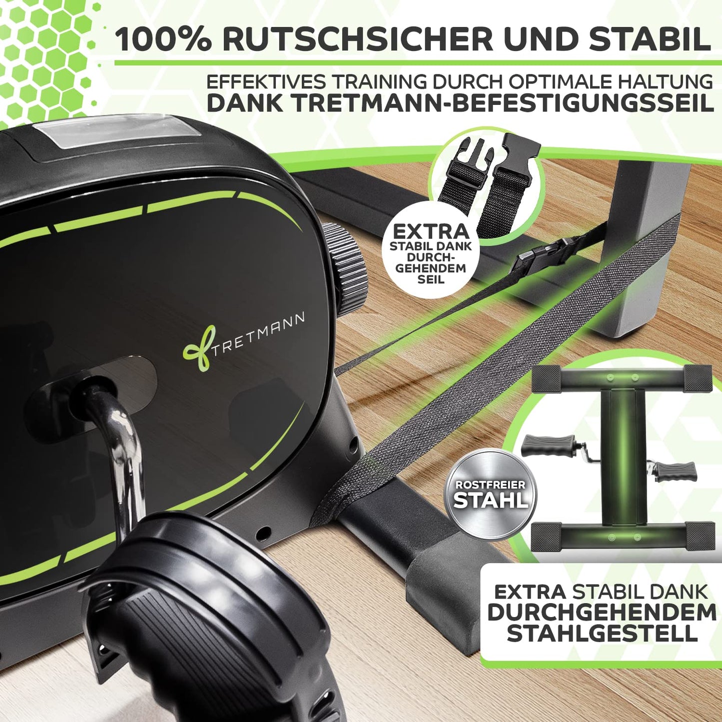 New Tretmann Basic Pedal Trainer Set - extra stable & quiet - including fastening strap - DEKRA certified - Leg trainer for seniors home trainer mini bike Black Green