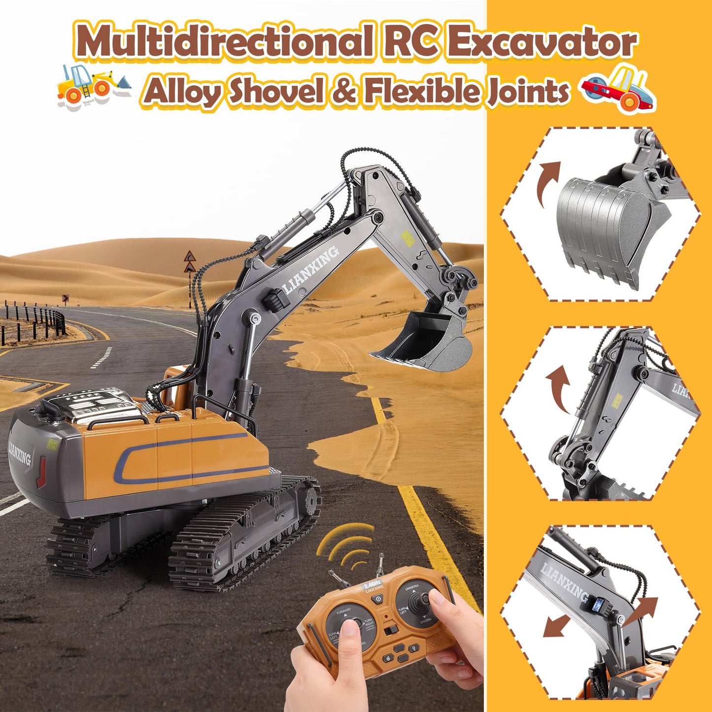HappyGoLucky 1:20 Remote Controlled Excavator Toy For Boys Ages 3 4 5 6 7 8, 680° Rotating Rc Excavator With Lights Gift Boy 4 5 6 7 8 Years, Outdoor Toy Kids Toy For Ages 3-9 Years.