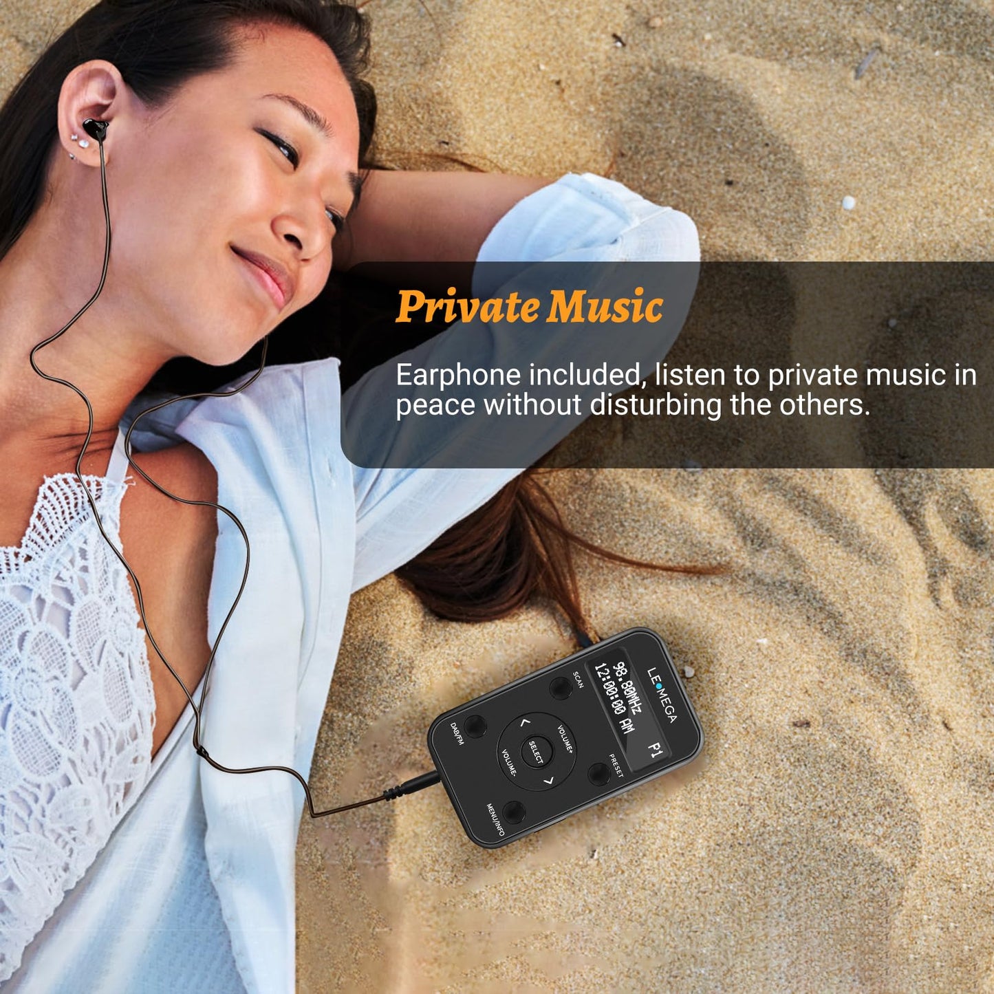 LEMEGA PR1L portable DAB/FM radio with rechargeable battery, 20 preset stations, LCD display, and headphones included. Sporty design with lockable switch, black color.