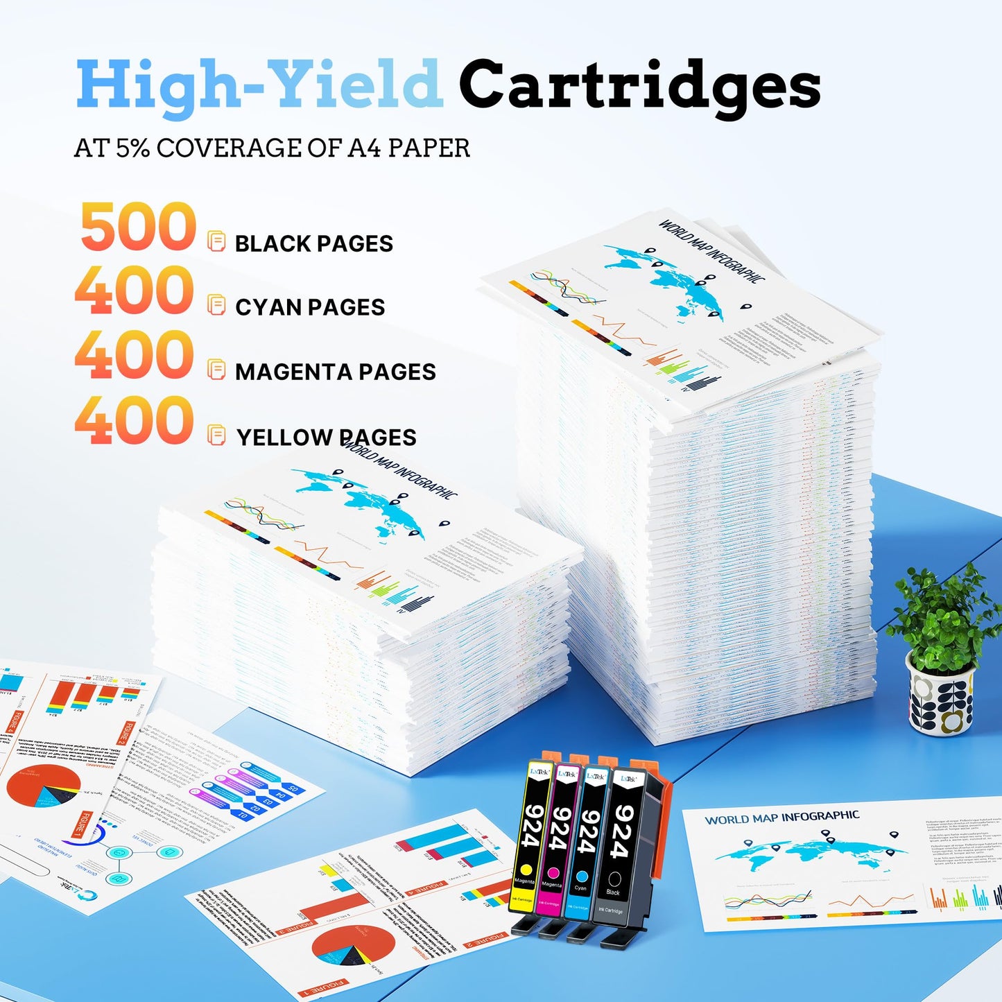 LxTek 924 printer cartridges 924 Multipack 924e Compatible for HP 924 cartridges for HP Officejet Pro 8132e cartridges for Officejet Pro 8122e 9120e 9730e 8124e 8120e 8130e (4-pack, No chip)