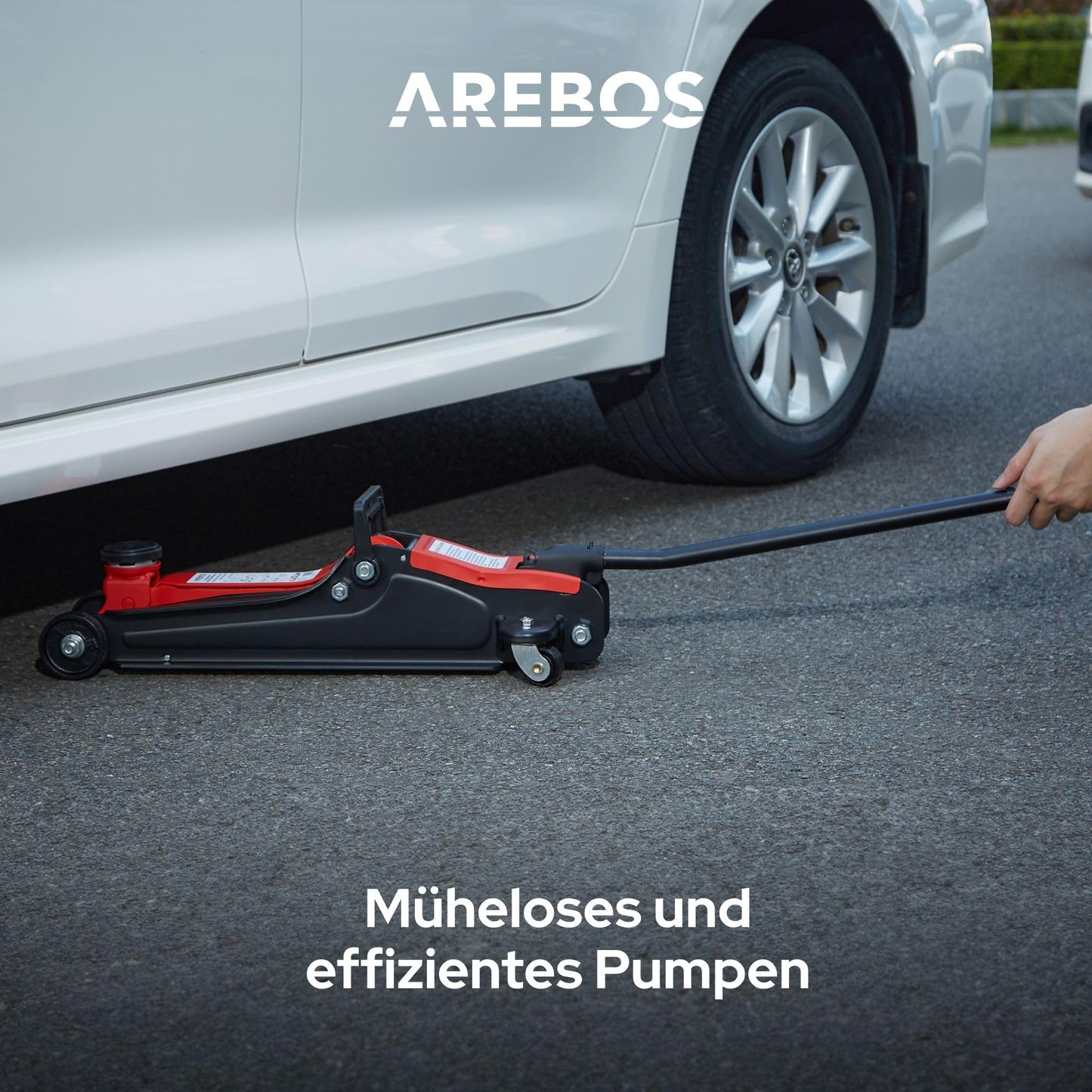 Arebos 2T Hydraulic Trolley Jack - Low-profile jack with lifting range of 85-385 mm - includes 4 rubber pads - jack for car vehicle automotive - sturdy jack & stand for workshop and garage.