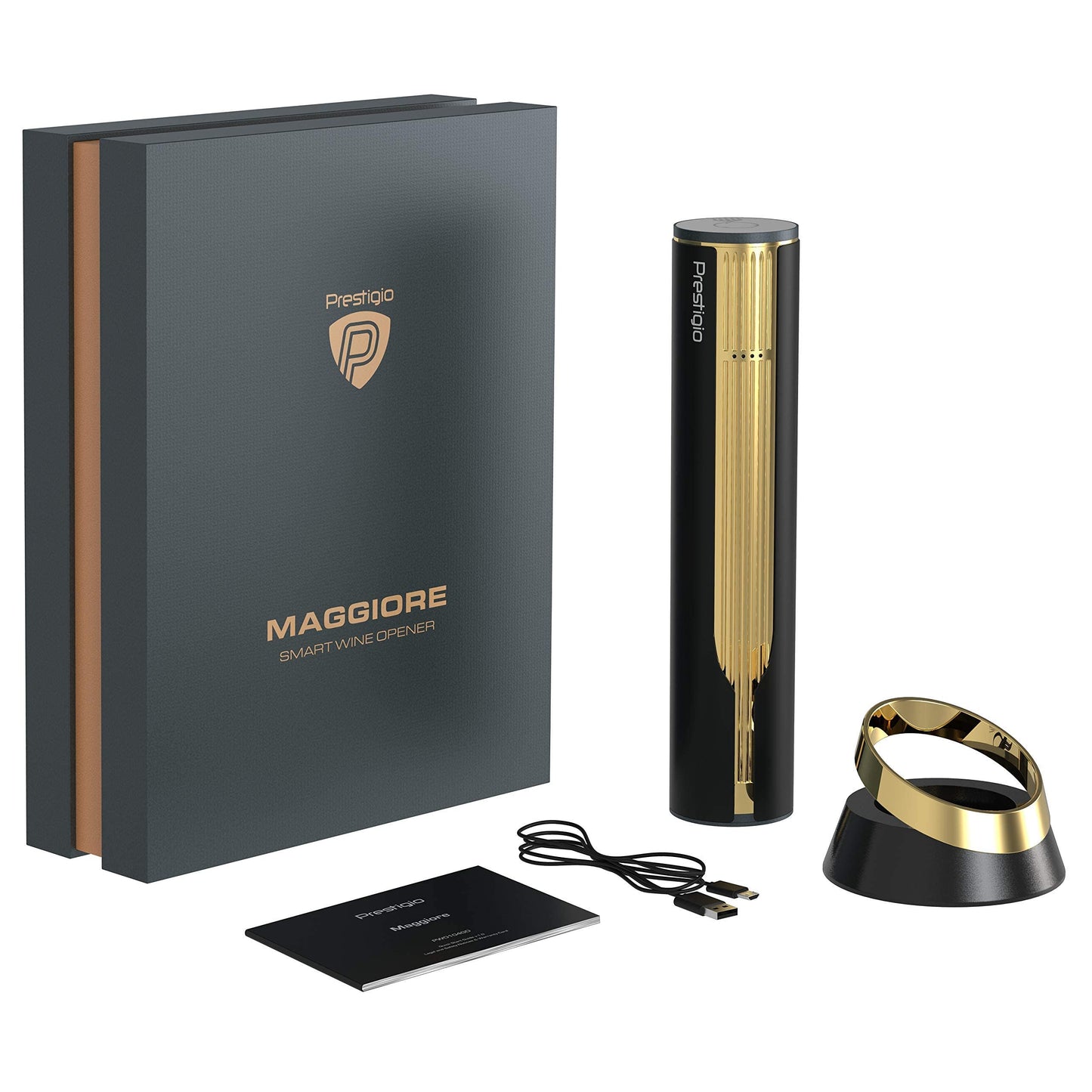 Prestigio Maggiore Electric Corkscrew - Premium wine bottle opener with charging station - Integrated foil cutter - Packed in high-quality gift box - Black/Gold