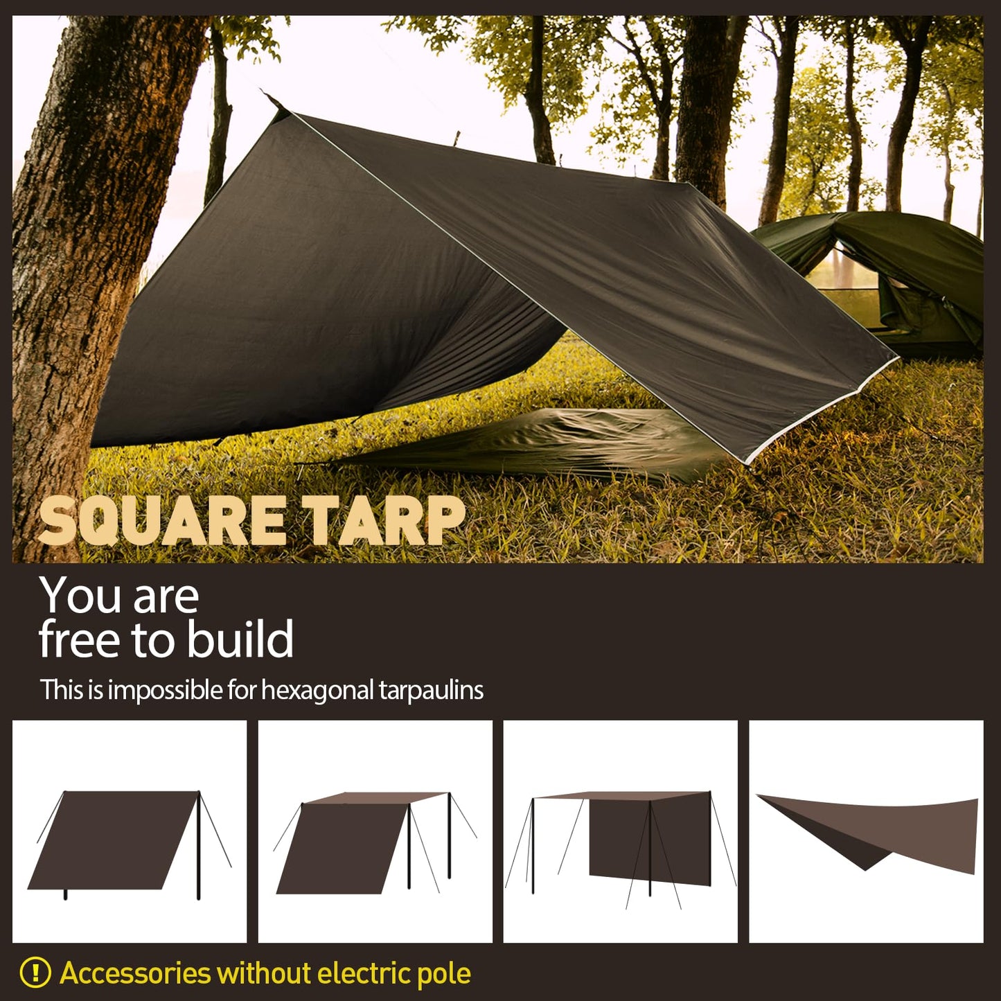 VOSOIR Tarp 3x5M Waterproof, Ultralight Camping Tent Tarp with 15 Grommets+8 Aluminum Stakes+10 Nylon Ropes, Anti-UV Snow Rain Protection, Lightweight Compact, for Hammock Camping Picnic (Dark Brown)