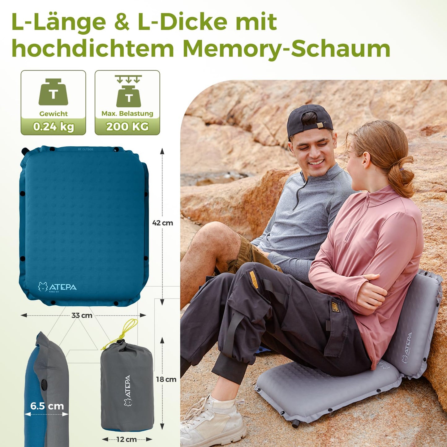 ATEPA Inflatable Outdoor Seat Cushion Chair Ultra-Light Self-Inflating Stadium Seat Cushion Bench Waterproof Seat Pad Outdoor Kayak Seat Cushion Floor, Portable Seat Cushion, Fishing Boat