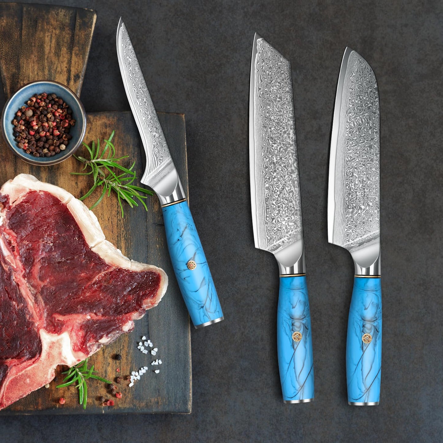 Home Safety Damascus Knife Set, 3PC Damascus Chef Knife Set Santoku Knife Set made of 67 layers Vg-10 Damascus steel, Professional Damascus Kitchen Knife Set with Ergonomic Resin Handle, Gift Box