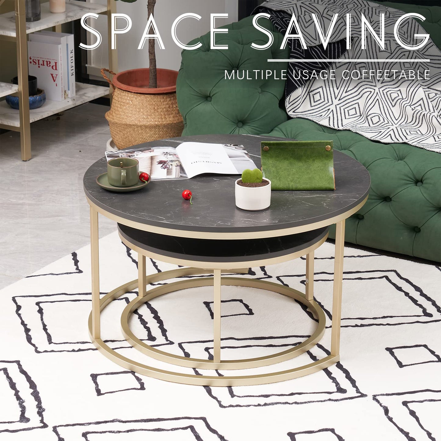Soayone Round Coffee Table Set of 2, Black Marble Coffee Table with Gold Metal Frame, Round Side Table, Modern Living Room Table, Nesting Tables for Living Room Bedroom Balcony