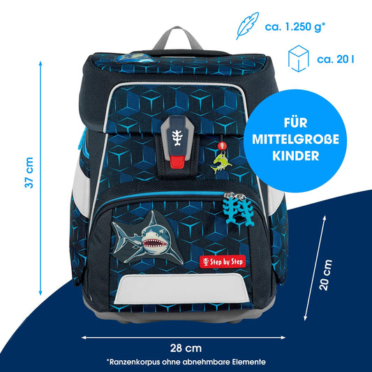 Step by Step school bag set "Space Shine Shark Dexter” 5-piece, ergonomic reflective material backpack, height-adjustable, for 1st grade onwards, 20L capacity, blue-black, shark-themed.