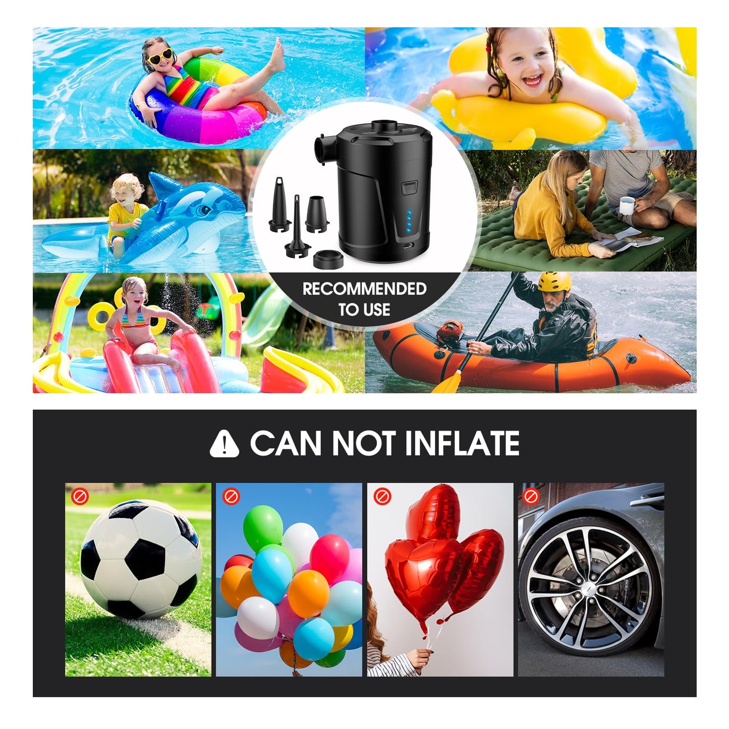 SUPPOU SUPPOU Electric Air Pump, 5200mAh, portable air pump with fast inflation/deflation, rechargeable electric pump with 3 nozzles for kids paddling pool, swimming pool, air mattress.