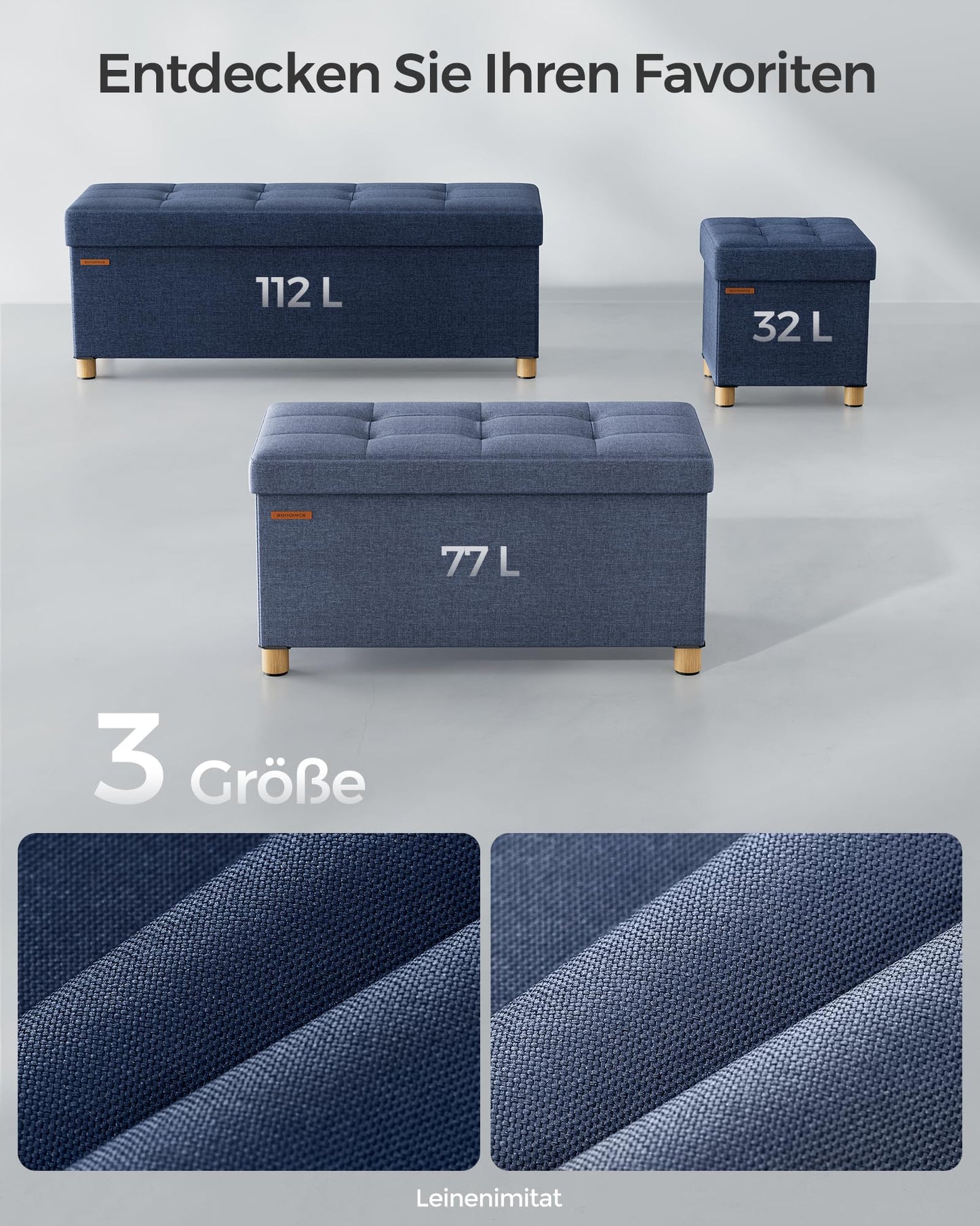 SONGMICS Storage Ottoman, Small Folding Bench, 38 x 38 cm Footrest, Storage Box, Holds up to 300 kg, for Living Room Bedroom Dorm, Midnight Blue LSF14IN