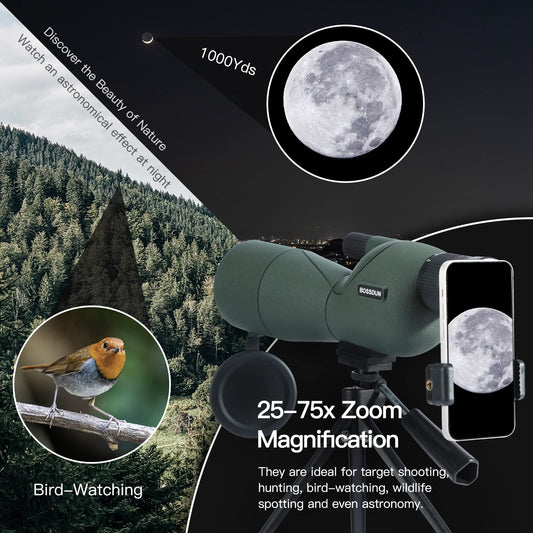25-75X60 spotting scope for target shooting, hunting, bird watching, wildlife observation. Low light vision scope with metal tripod, phone adapter, carrying case, BAK4 prism, FMC lens, fog-proof (60G).
