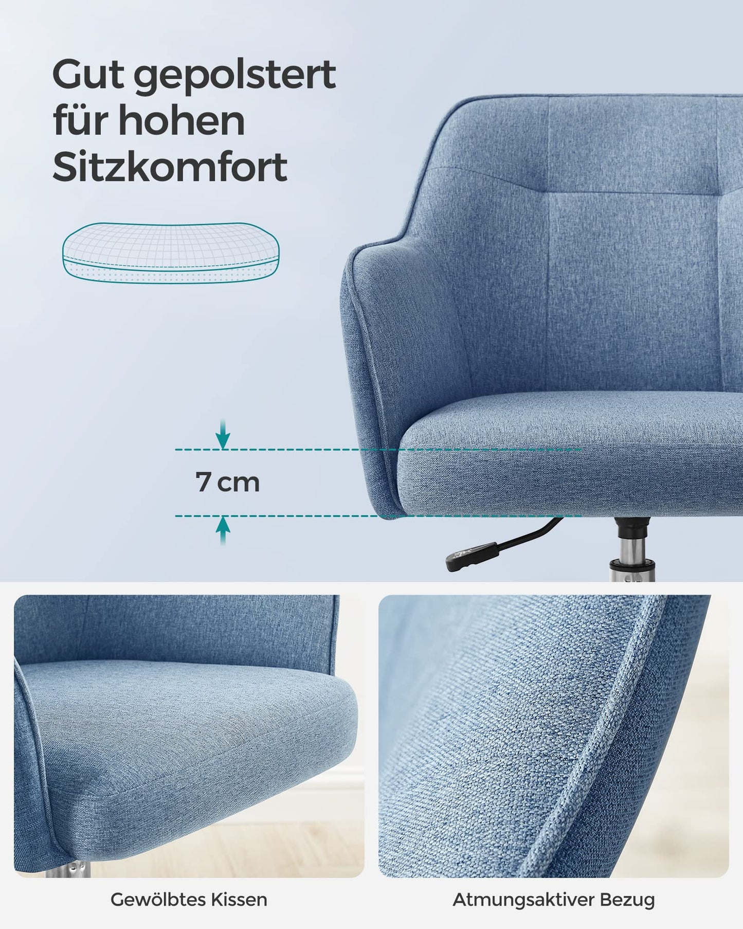 SONGMICS home office chair, swivel chair, desk chair, height adjustable, weight capacity up to 110 kg, breathable fabric, for study room, bedroom, blue OBG019Q01