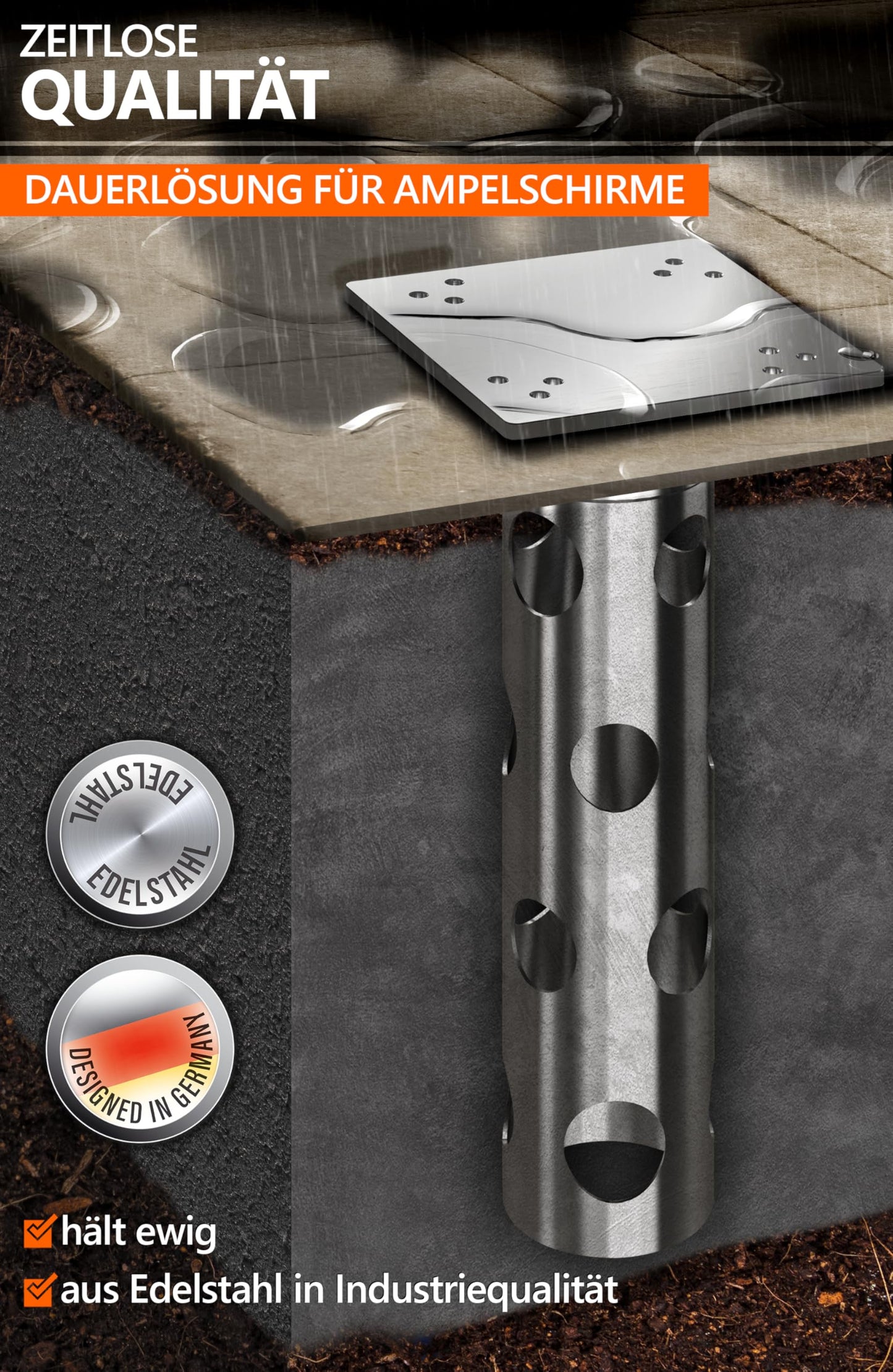 4smile Ground Sleeve Sun Umbrella - Stainless Steel Base Anchor Cantilever Umbrella with Ground Plate for Embedding, timeless quality - Universal Sun Umbrella Stand Cantilever Umbrella, load-bearing capacity > 1,000 kg
