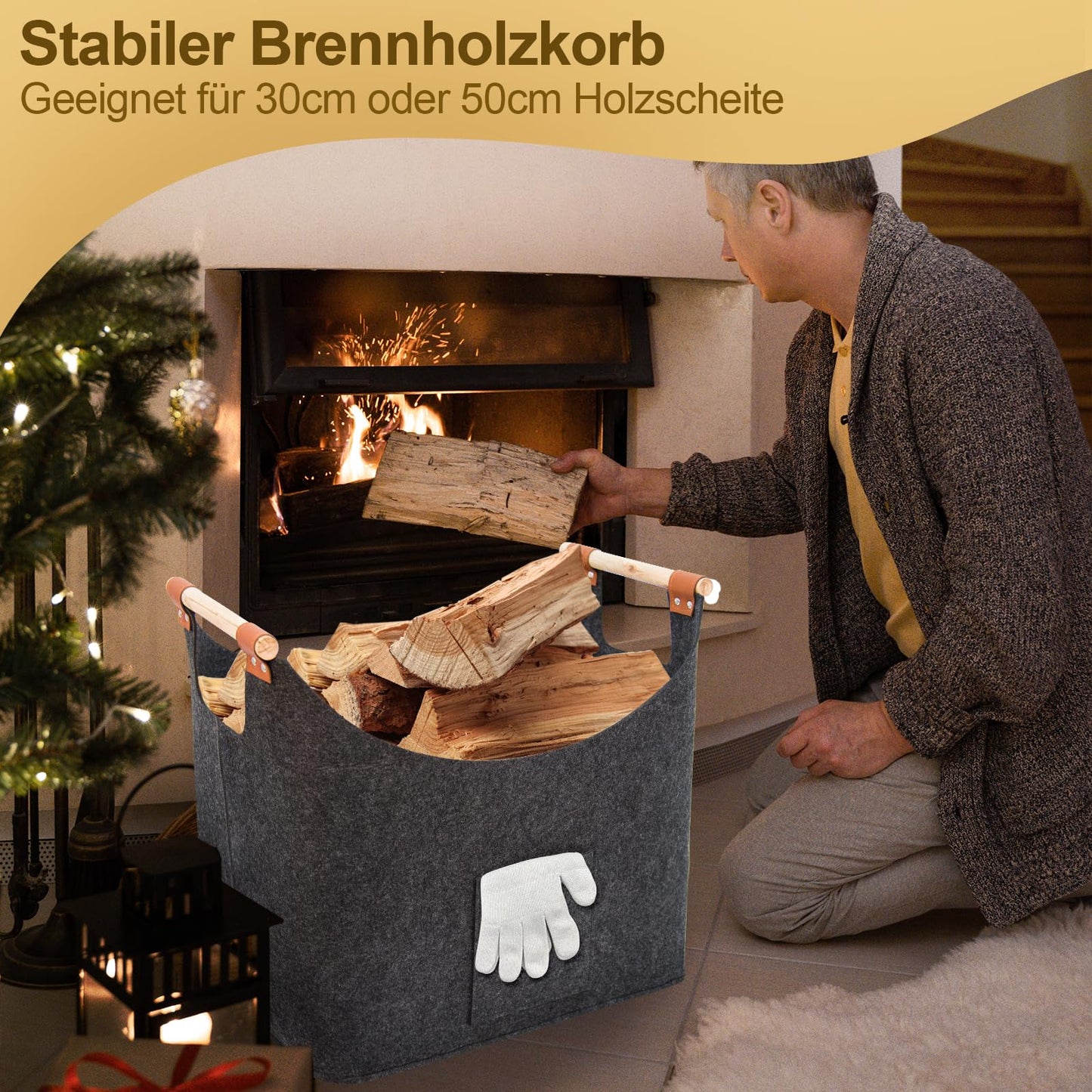 LARGE FINEW wooden basket for firewood, XXL firewood basket with gloves, Foldable felt bags made of felt, Large felt baskets for firewood storage, newspapers, wood, toys.