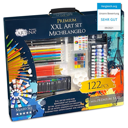 Artina 122tlg XXL Painting Set with Michelangelo Easel - Artist Set Acrylic & Drawing Set - Colored Pencils, Canvas, Brush Set, Watercolors, Pastel Chalk - Great Creative Set for all ages