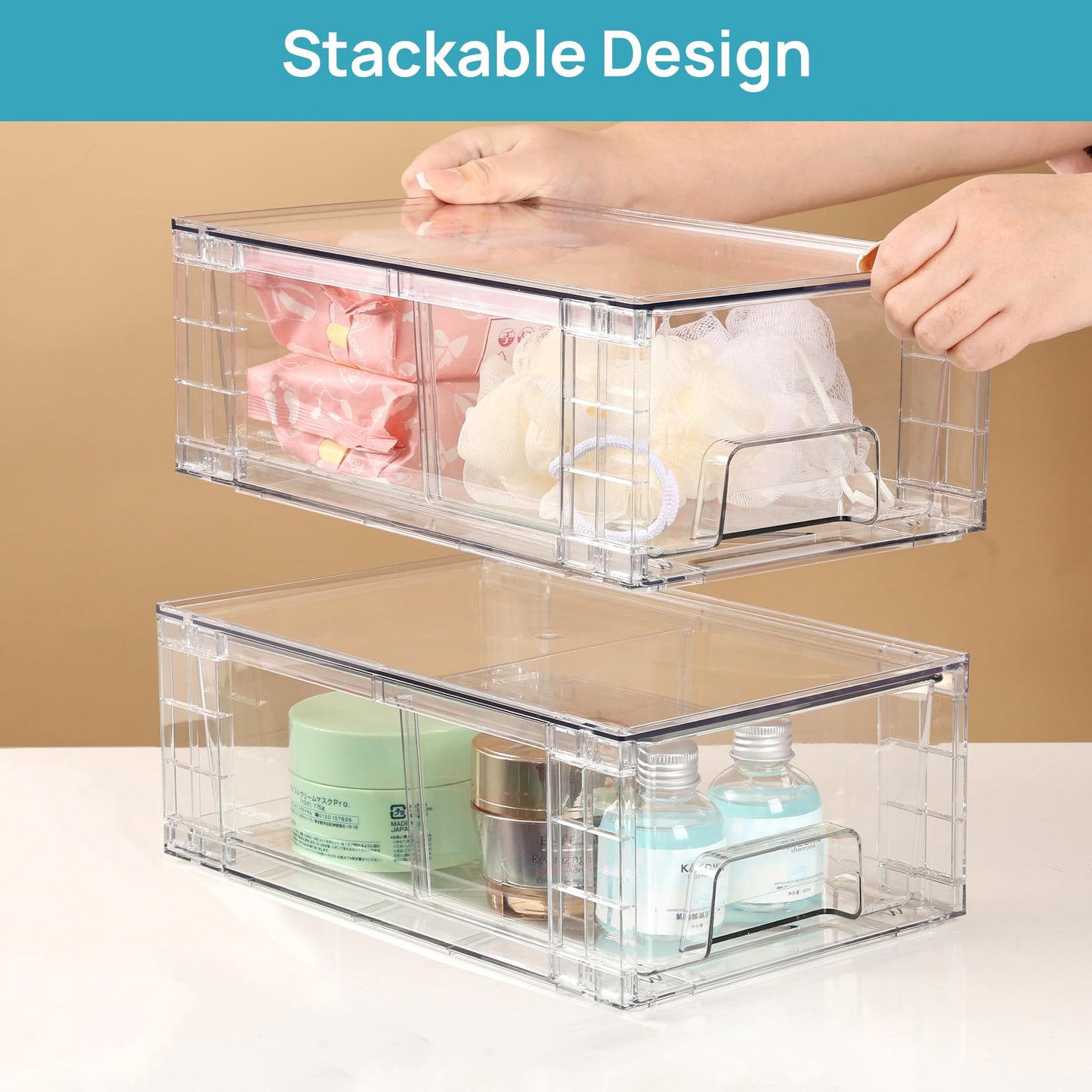 Vtopmart 4 Pieces Stackable Storage Drawers, transparent Acrylic Drawers Organizers with Handles, Storage Organizer for Fridge, Bathroom, Closet, Pantry