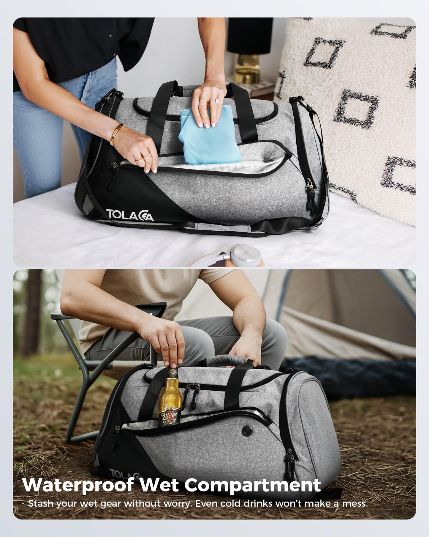 Tolaccea 47L Large Sports Bag Backpack with Shoe Compartment Wet Compartment Weekender Duffel Bag Gym Training Bag for Men Women Gym, Travel, Swimming, Sauna, Soccer (Gray)
