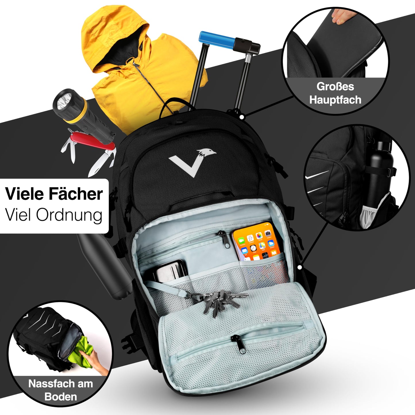Valkental - Innovative backpack with perfect organization (22L) Expandable volume (No sweating) Hiking backpack, trekking backpack, cycling backpack & outdoor backpack - Waterproof & Reflective