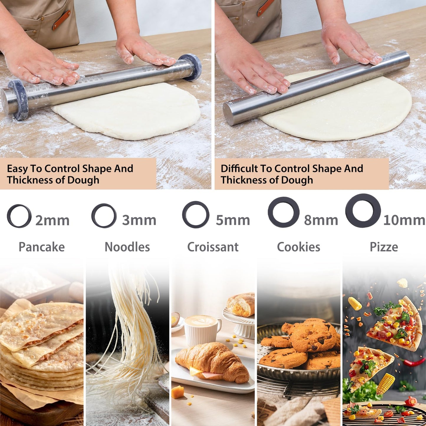 SUPER KITCHEN Adjustable Stainless Steel Rolling Pin with Removable Silicone Rings in 5 Sizes, Non-Stick Metal Rolling Pin, Baking Tool for Fondant, Pastry Dough, Pizza, 45cm