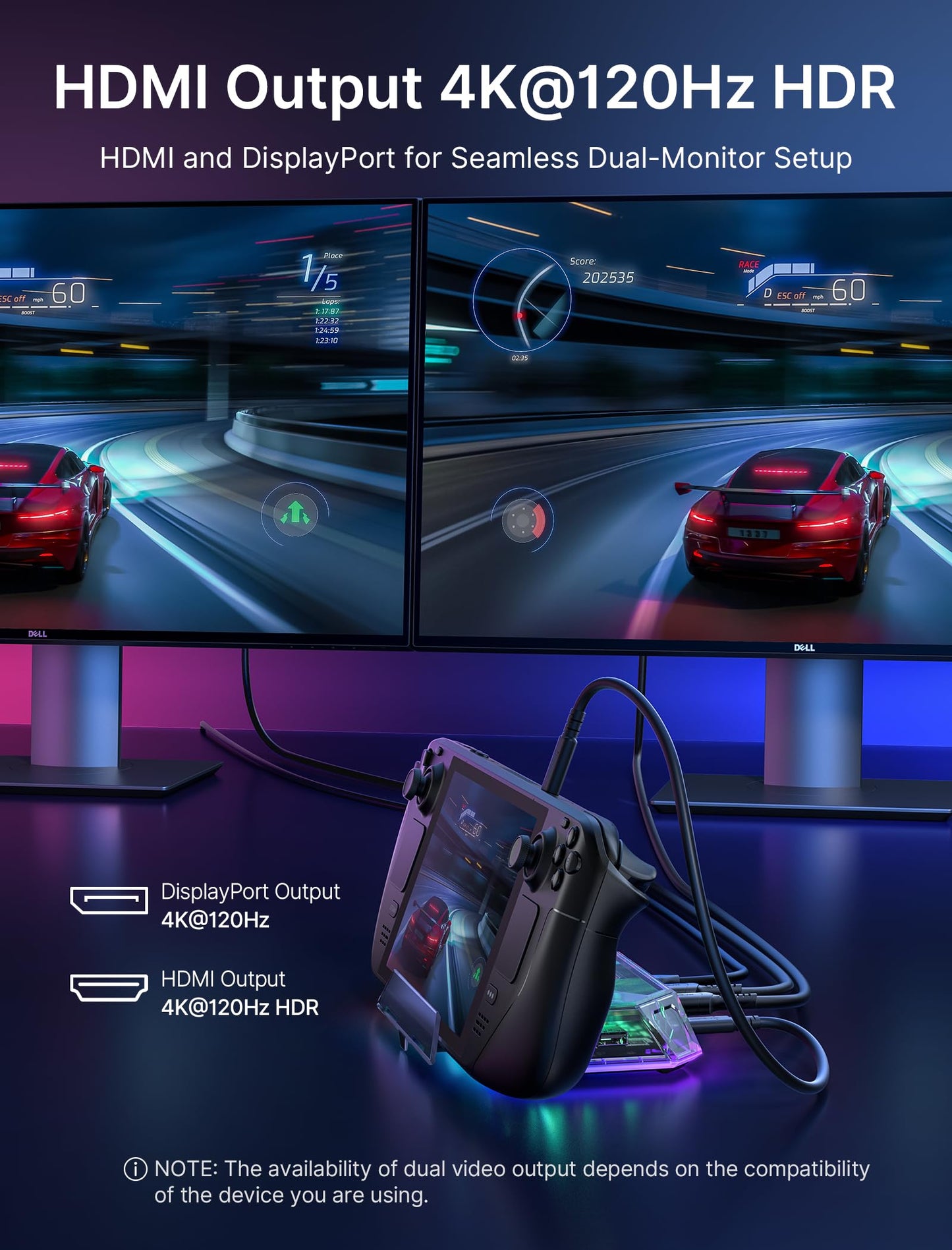 JSAUX RGB Docking Station Compatible with Steam Deck (OLED)/ROG Ally, 12-in-1 Steam Deck Dock with 4K@120Hz HDMI & DisplayPort Gigabit Ethernet USB-C 3.2 USB-A 3.2, Support VRR, ALLM, HDR - HB1201S
