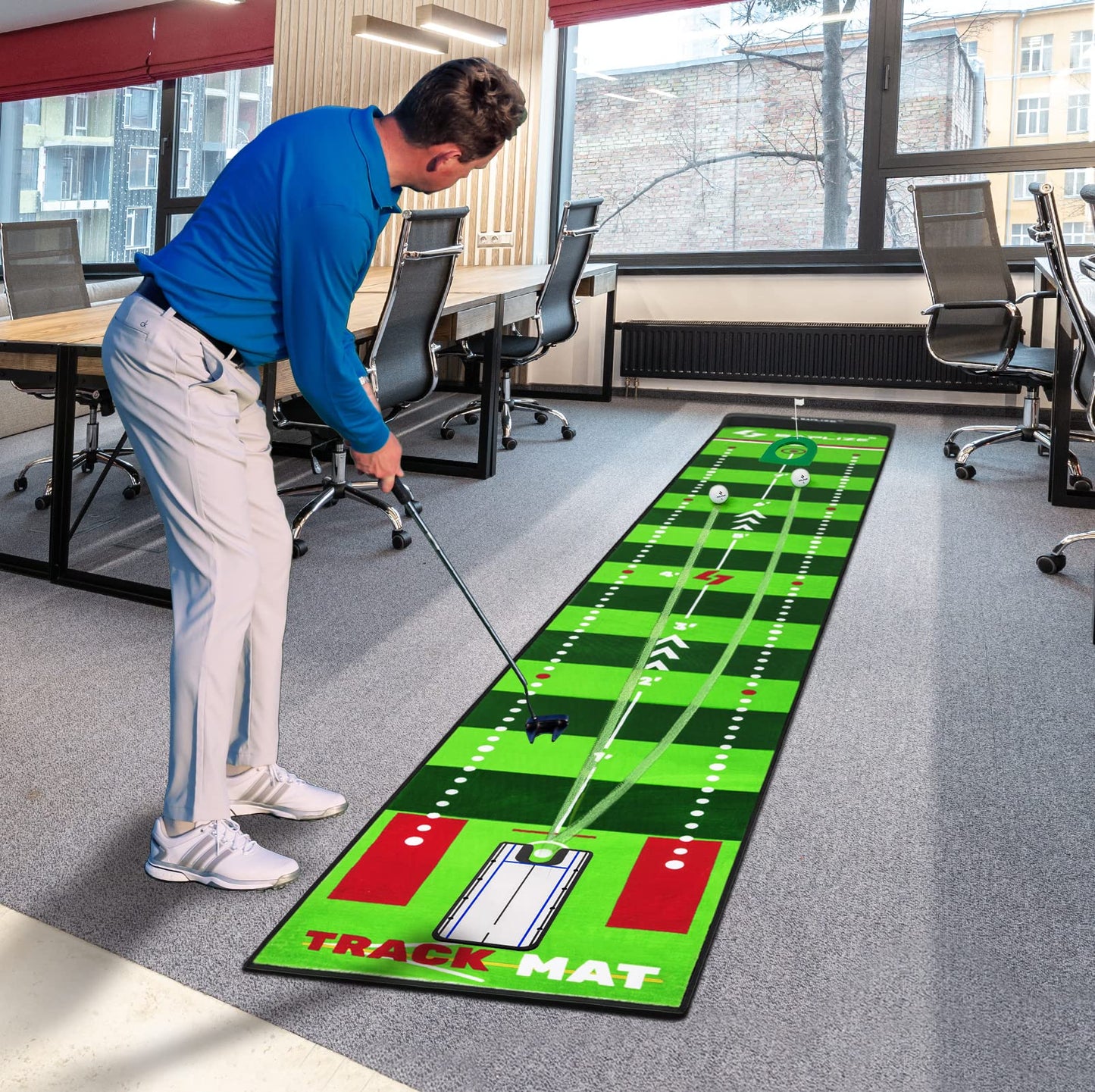 SAPLIZE Golf putting mat with visible ball traces, putting alignment mirror, 20 inches x 10 feet indoor putting mat for home office practice aid.