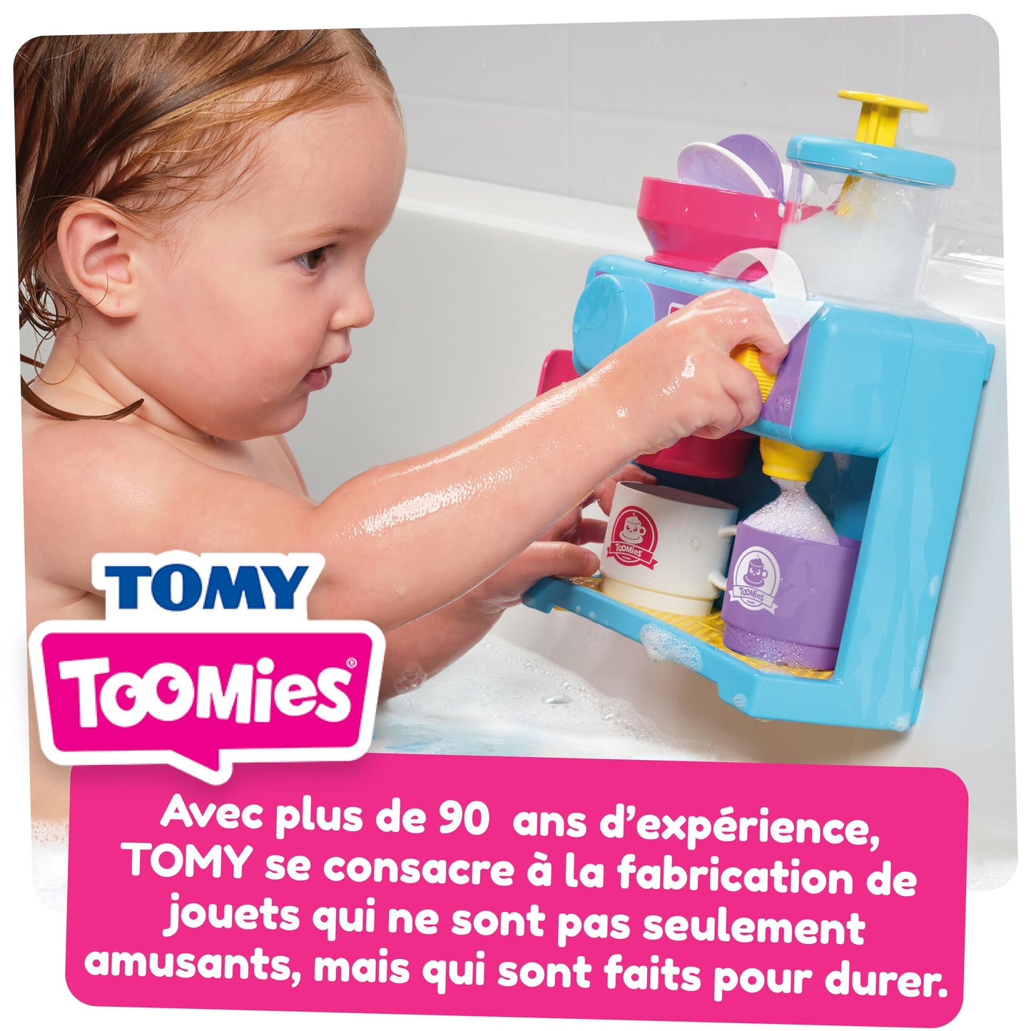 Tomy Toomies Bath Barista - Wall-mounted baby bath toy as a café & foam bath play kitchen for toddlers - Kitchen set: 3 cups, 1 jug, 1 shaker - for girls & boys aged 18 months and up.