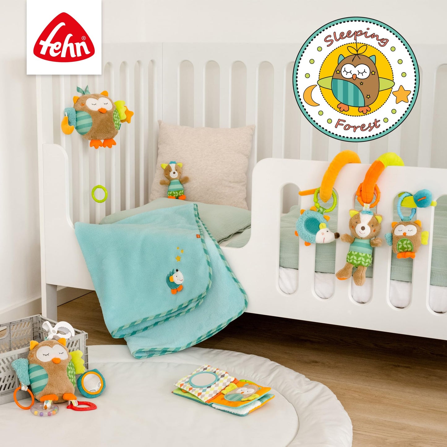 Fehn 071153 Activity Spiral Sleeping Forest - Fabric spiral for grasping and feeling for cribs, strollers, playpens - Suitable for babies and toddlers from 0+ months - Dimensions: 30cm long