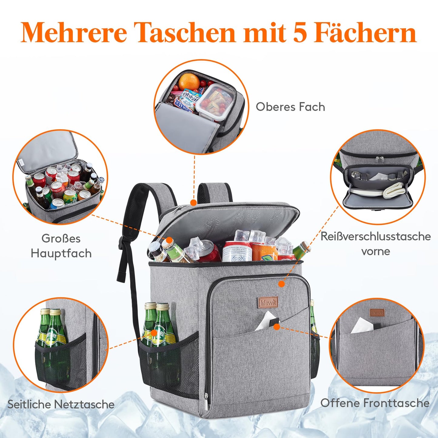 Lifewit 32L, 34 cans, insulated cooler bag, large cooler backpack, leakproof portable lunch bag, soft cooler for outdoor, picnic, beach, BBQ, camping, travel, family, gray.