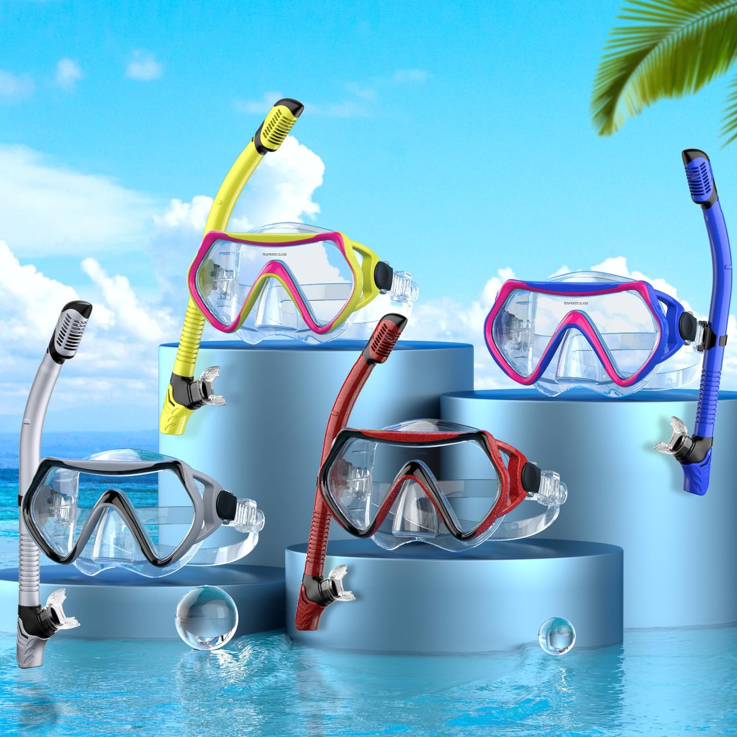 Adult snorkeling set includes adult snorkel mask with 180° panoramic view, anti-fog tempered glass, and adjustable silicone strap for snorkeling and swimming.