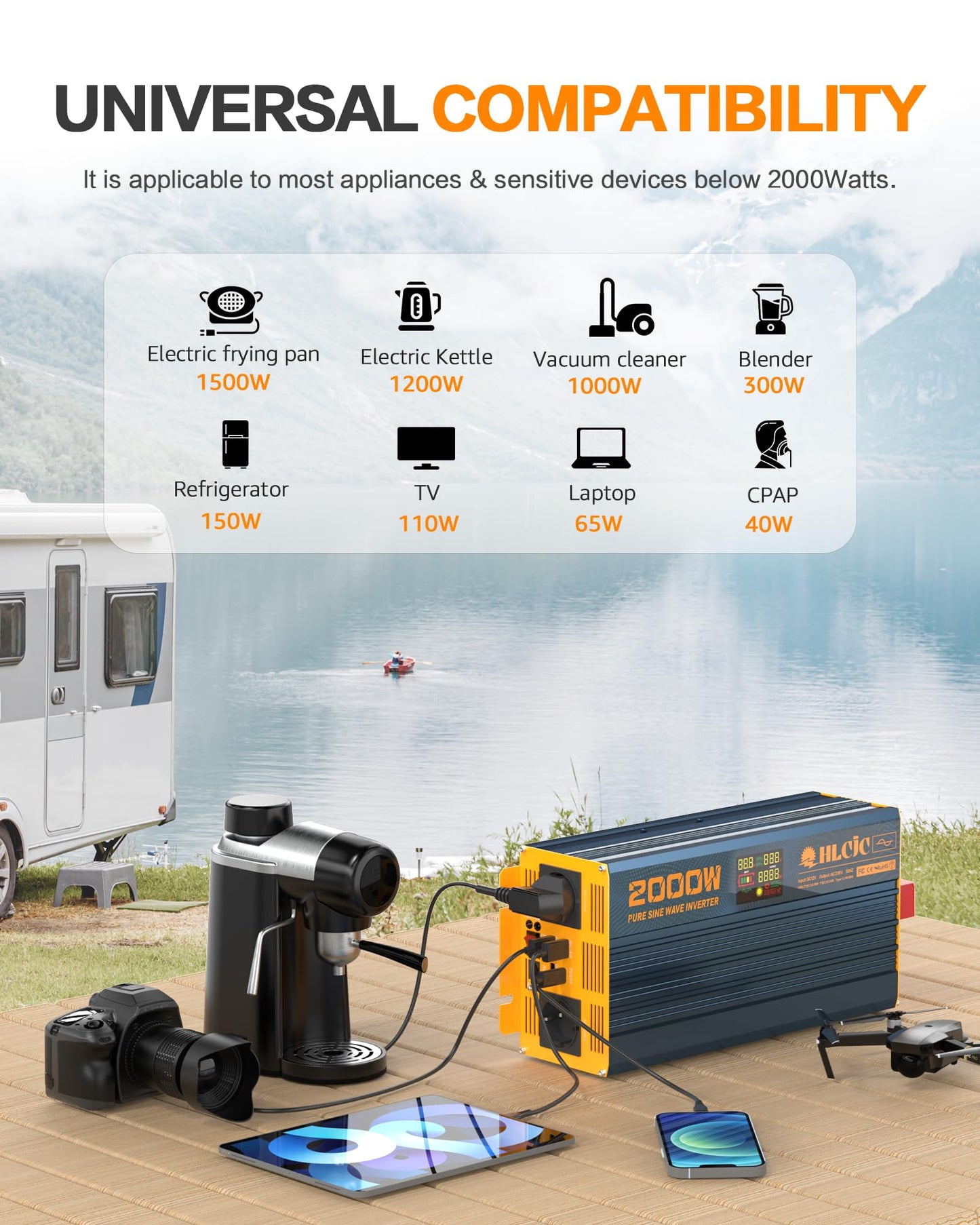 2000 Watt inverter 12V to 230V Pure sine wave power inverter with LCD display 1 Type-C PD60W 3 USB-A QC3.0 fast charging ports 2 EU outlets 2 remote controls for solar system camper truck car