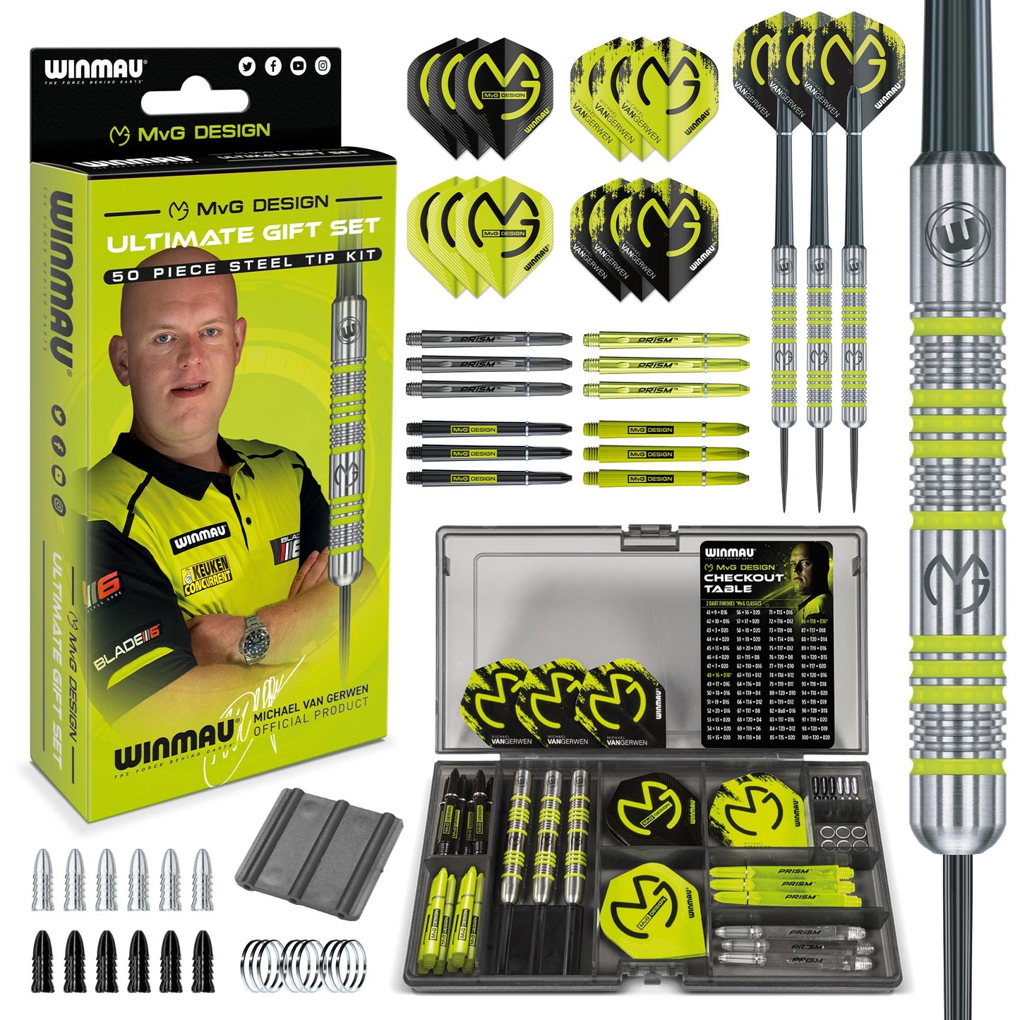 WINMAU - Professional Player - Michael Van Gerwen MvG Gift Set - 20g Steel Tip Darts - 50 Piece Pro Darts Set - Includes 4 x Stems, 4 x Flights, and accessories