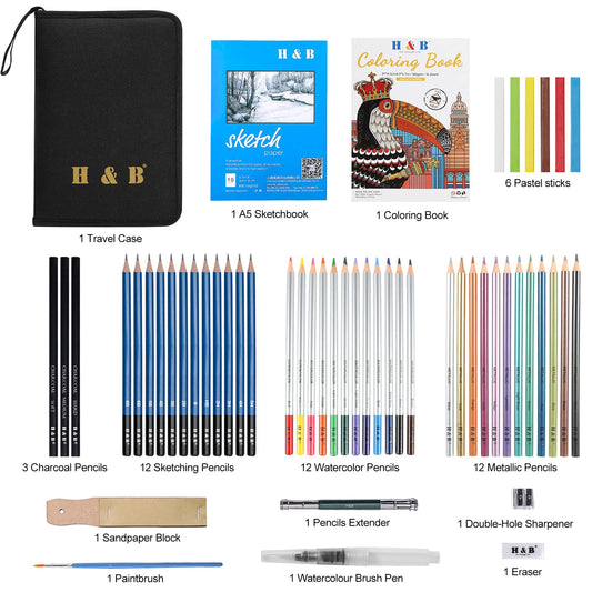 H & B colored pencil, artist colored pencil, professional drawing pencil set for kids, artists, adults, painters, great for children's sketching (51 colorful pencils with sketchbook and book)