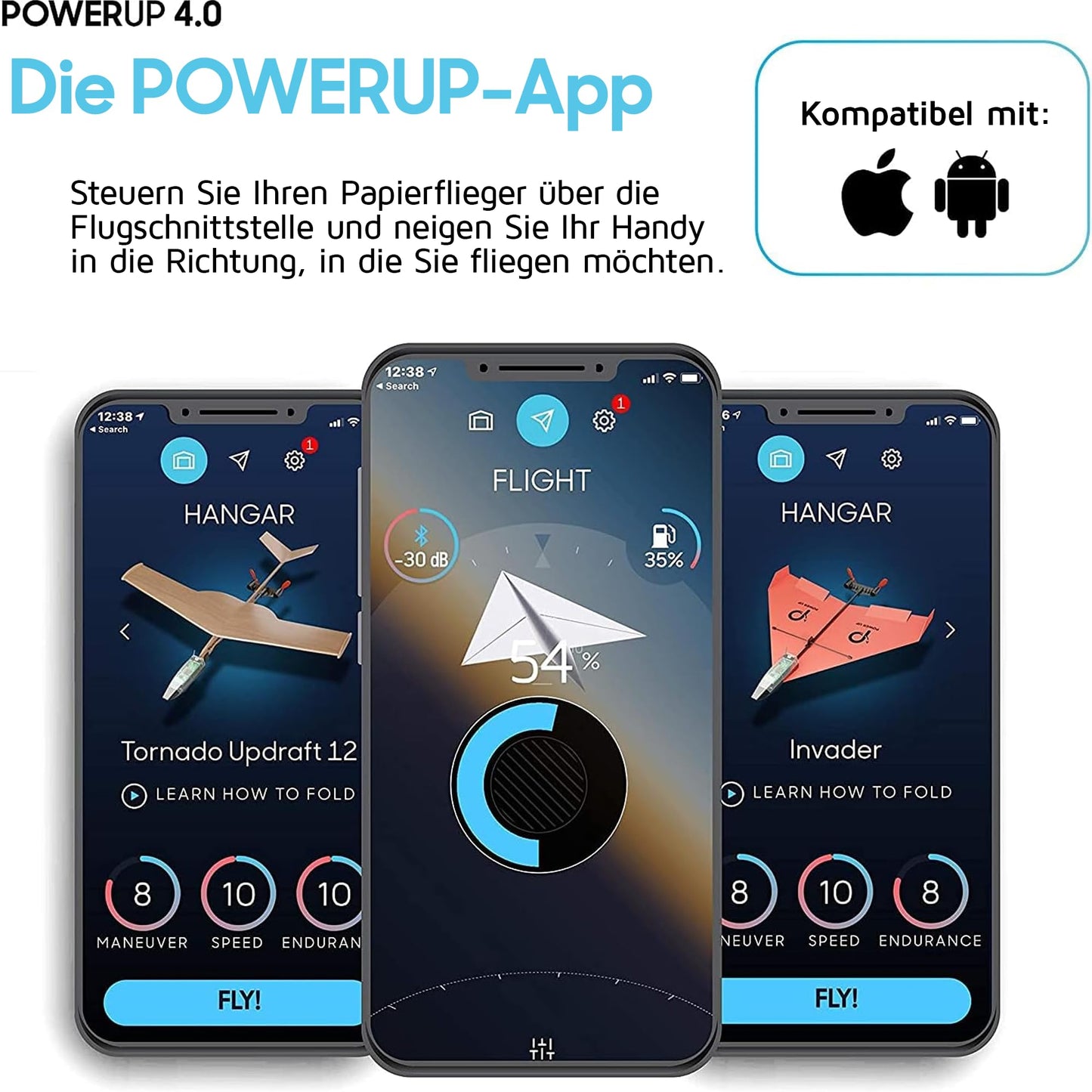 POWERUP 4.0. Smartphone-controlled paper airplane set of the next generation. Easy to use with autopilot function and integrated gyroscope. For all hobbyist flyers and enthusiastic pilots.