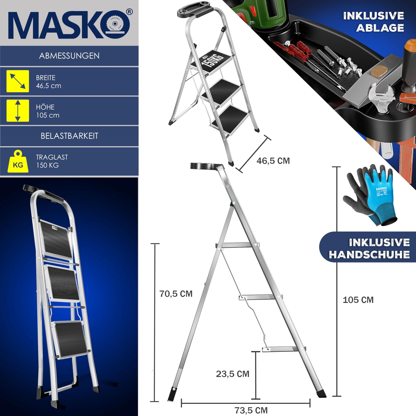 MASKO® Folding Step Ladder 3 Step ladder Step Ladder loadable up to 150 kg | Step Stool Anti-Slip | Folding Step Stool with Gloves, Tool Tray & Automatic Lock, Gray