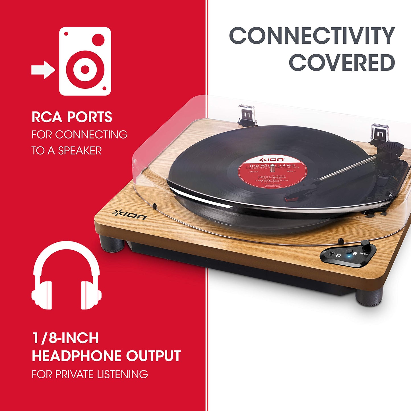 ION Audio Air LP - Vintage USB Bluetooth turntable with three speeds and vinyl to MP3 conversion for Mac/PC, elegant wood finish.
