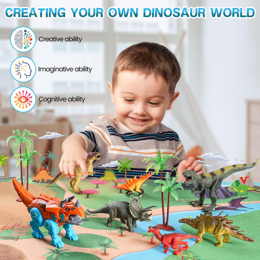 Glow in the dark Dinosaur Toy for ages 3 and up, Dinosaur figures and assembly Dino toys, Kids’ toy, Gift for boys girls, Storage box & play mat