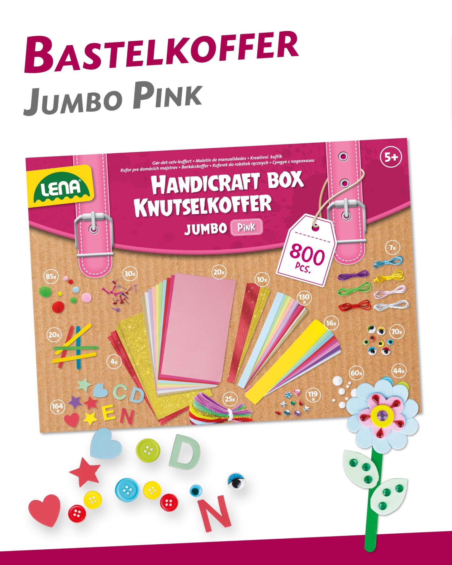 Lena Jumbo Craft Kit with 800 pieces, includes paper, foam, pipe cleaners, rhinestones, googly eyes, pom poms, and buttons, pastel colors with pink tones, for ages 5 and up.
