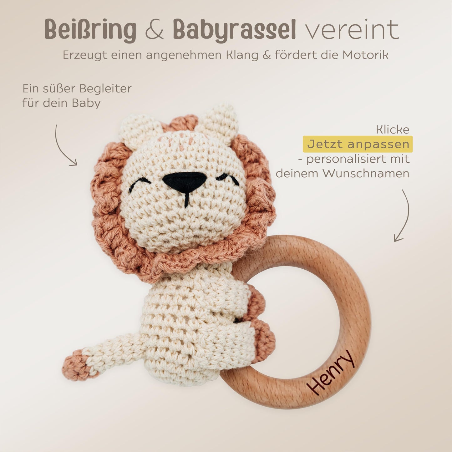 miracle wish® - Personalized Teething Ring Baby - Cute Grasping Toy for Babies from 0 months - Baby rattle with name as baby gift for girls and boys (lion lying down, without name)