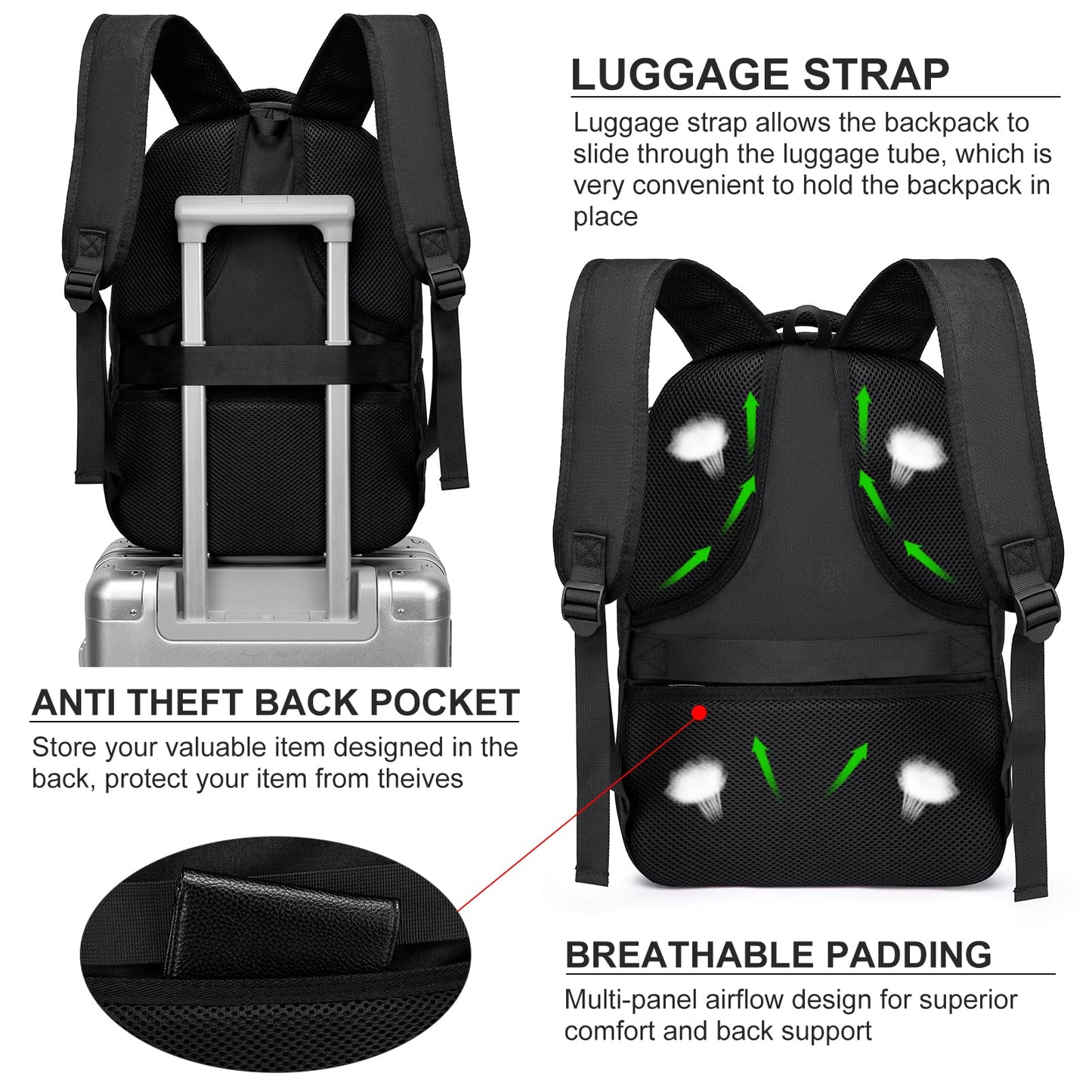 Liokesa backpack for men, 15.6 inch laptop backpack for men, school backpack for teenage boys with USB charging port for business work backpack, for college travel, work, school, black