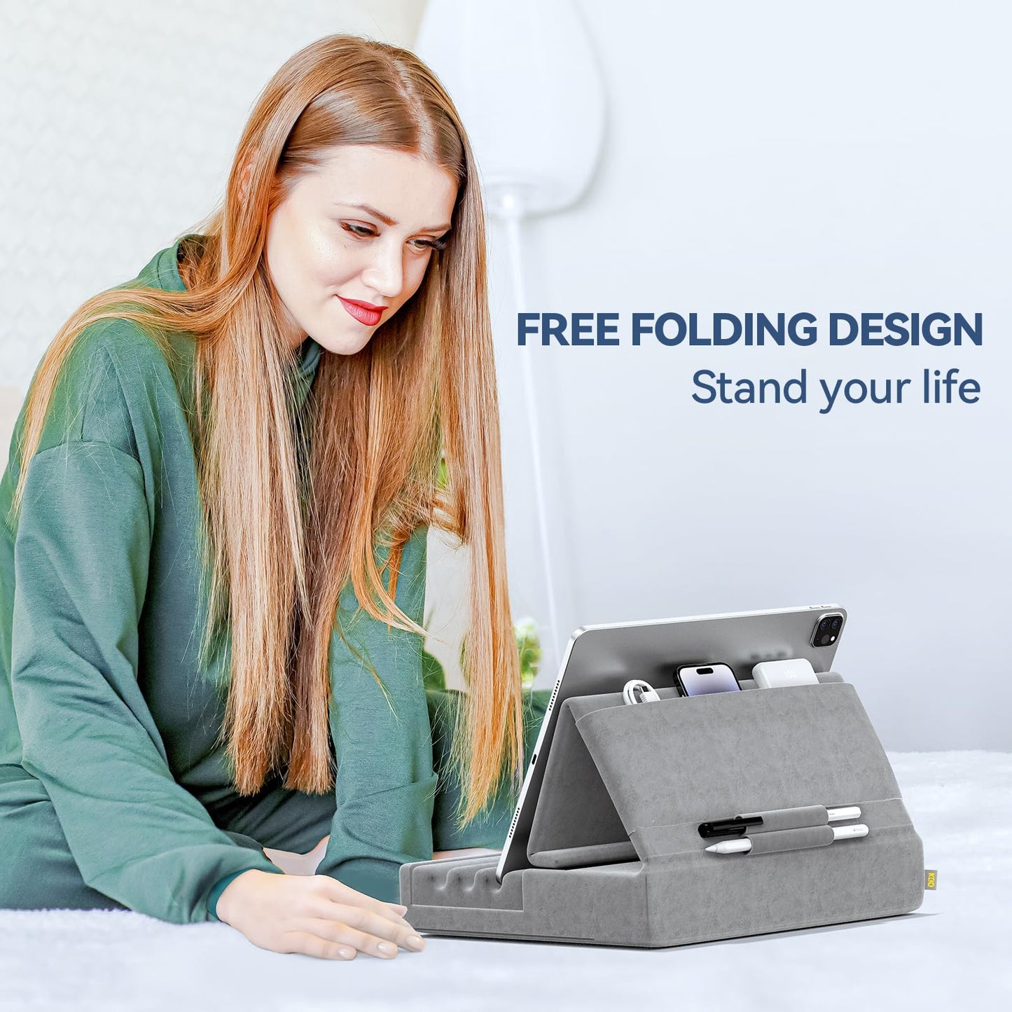 KDD Tablet Holder Pillow, Foldable iPad Stand for Lap Bed Desk - Tablet Soft Pillow Holder with Pocket & Stylus Holder for iPad Pro 12.9 10.5 9.7 Air Mini 6 5 4 E-Reader Gray