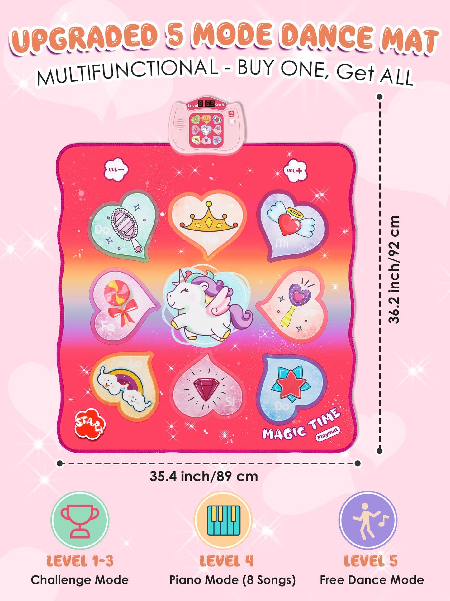 BAZADER Unicorn Dance Mat Toy Gifts for Girls Boys Ages 3 4 5 6 7 8+ Years, Music Mat with 5 Modes & 8 Built-in Songs, LED Display, Christmas Birthday Kids Toy