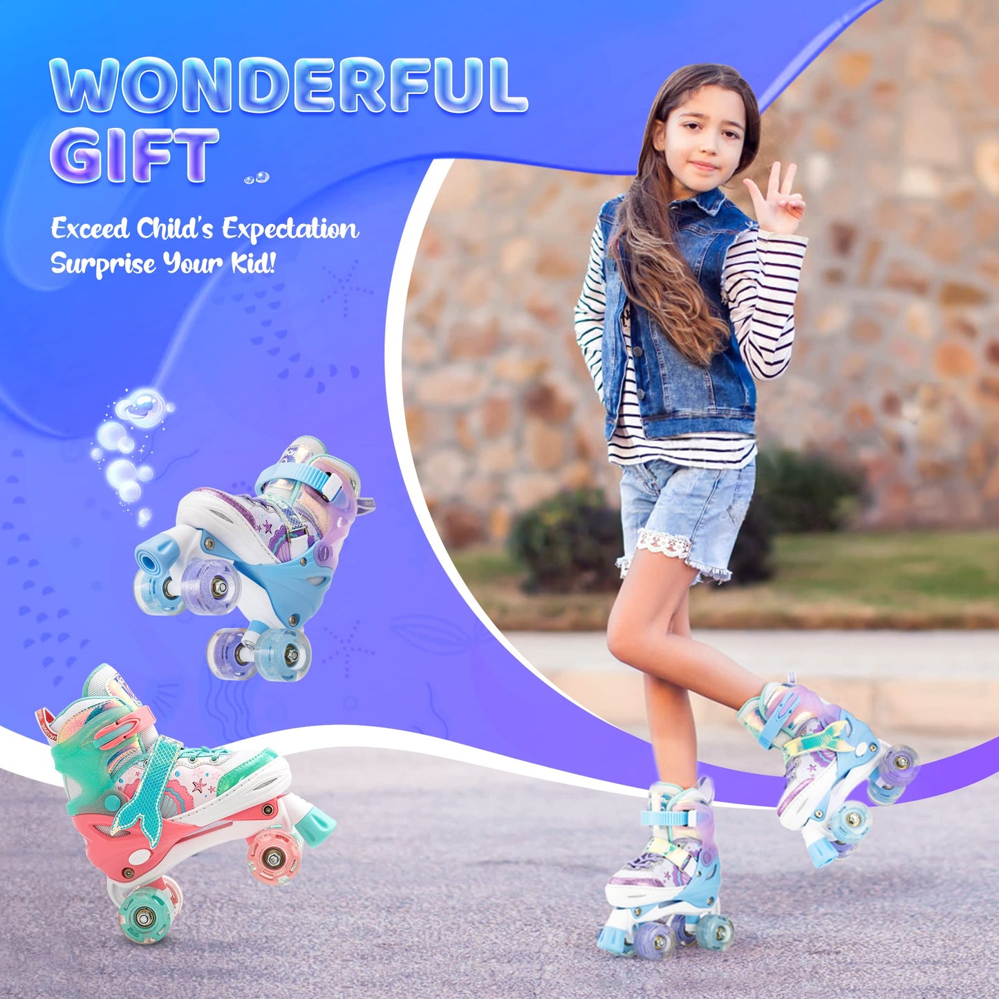 NEMONE roller skates for girls children 4 sizes adjustable blue purple roller skates for kids indoors outdoors girls children