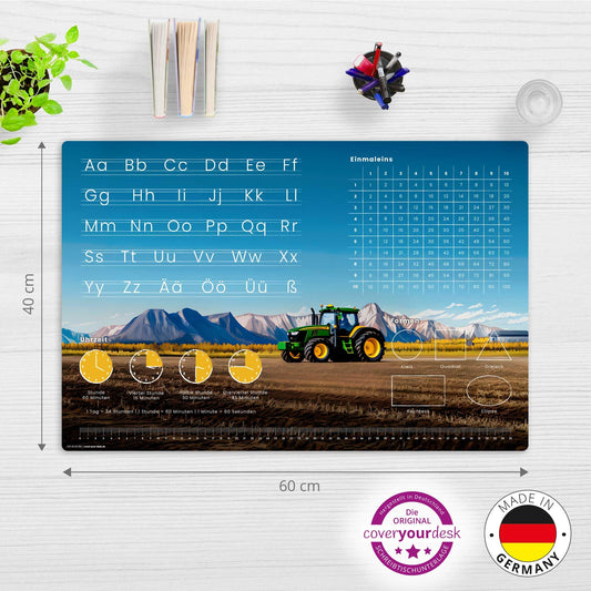 Desk pad for children - learning pad for starting school in various designs - ABC, times tables, clock - 60 x 40 cm - made of wipeable vinyl - Made in Germany (tractor design)