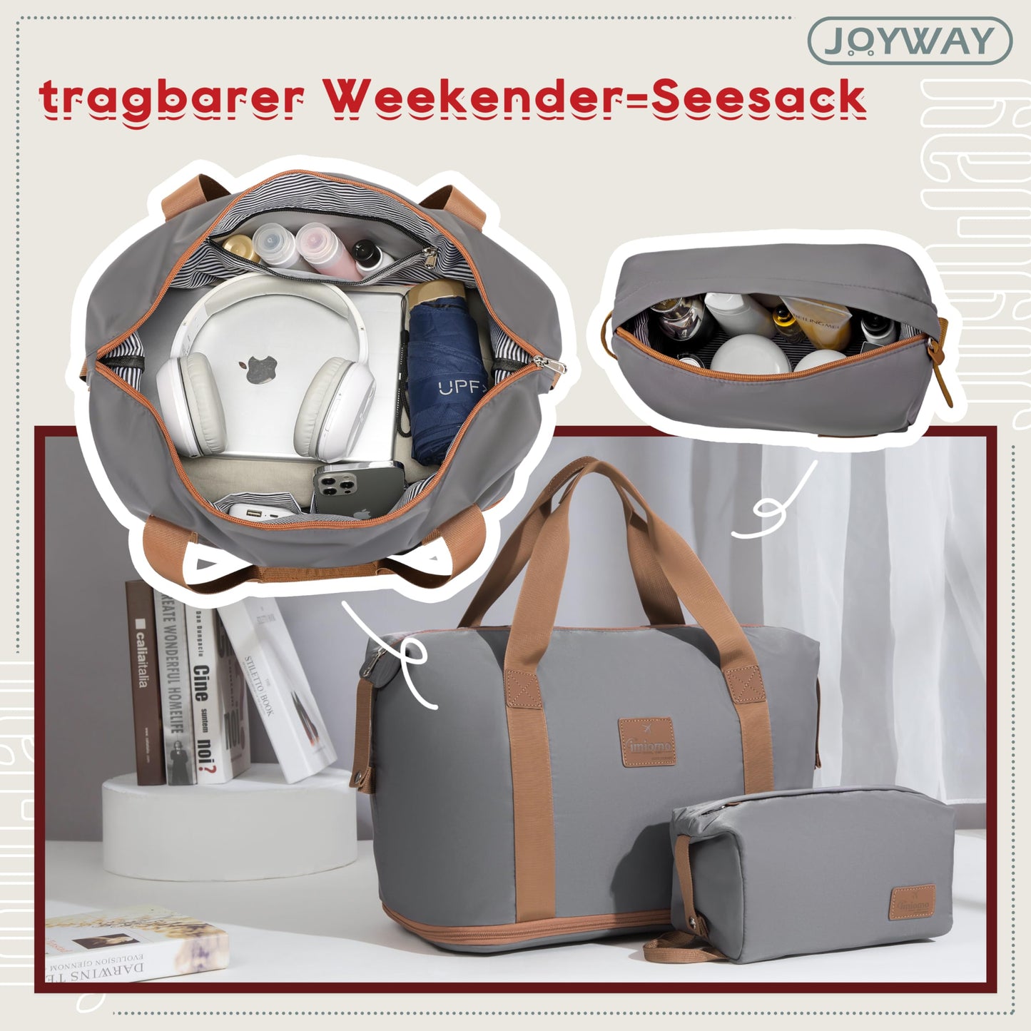 Joyway 5-piece luggage set made of ABS hard shell material. Expandable trolley set with 4 wheels and TSA lock. The luggage set includes 1 travel bag and 1 toiletry bag in grey.